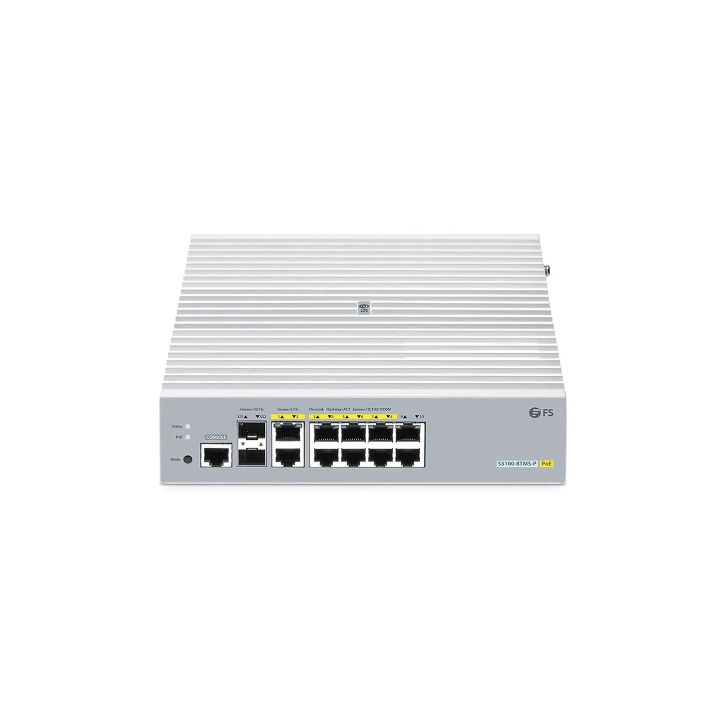 S3100-8TMS-P, 8-Port Gigabit Ethernet L2+ PoE+ Switch, 6 x PoE+ Ports, 2 x 5Gb PoE+ Ports@125W, 2 x 1Gb RJ45, with 2 x 10Gb SFP+ Uplinks, Broadcom Chip, Fanless