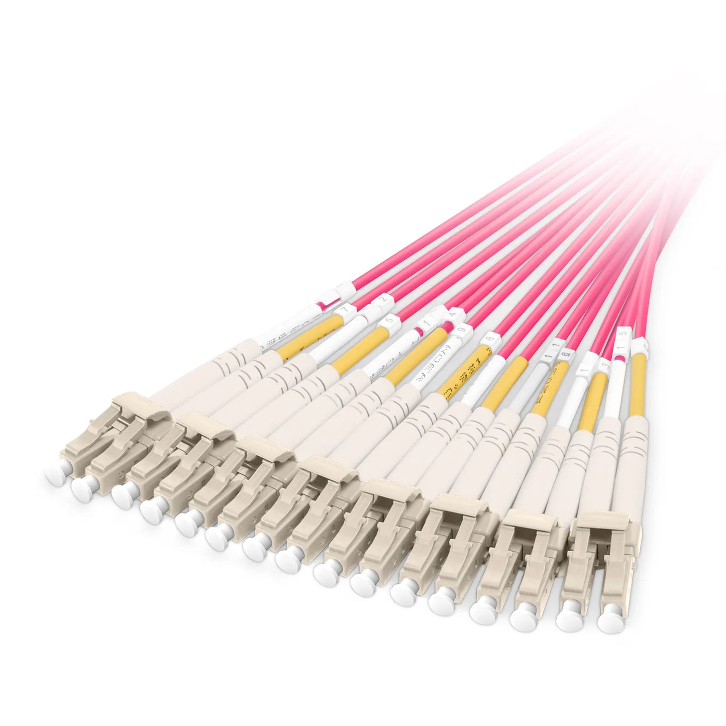 1m (3ft) MMC Harness, MMC-16 APC (Female) to 8 x LC UPC Duplex, 16 Fibers, Multimode (OM4), Plenum (OFNP), 0.35dB Max, Jumper Polarity, Magenta