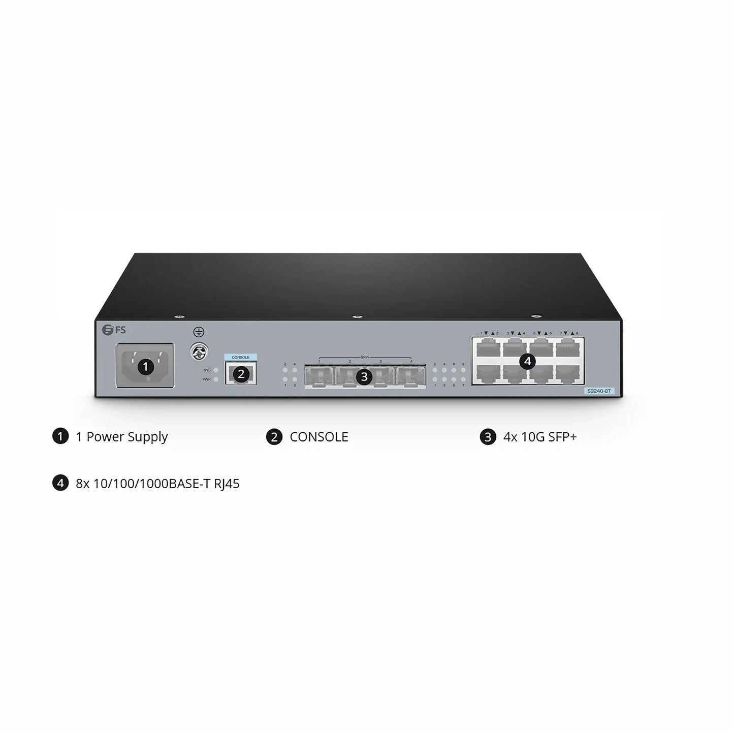 S3240-8T, 8-Port Gigabit Ethernet L2+ Switch, 8 x Gigabit RJ45, with 4 x 10Gb SFP+ Uplinks, Stackable Switch, Fanless