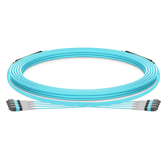30m (98ft) MTP® Trunk Cable, MTP®-8 UPC (Male) to MTP®-8 UPC (Male), 32 Fibers, Multimode (OM3), Plenum (OFNP), 0.20dB Max, Type B, Double Jacket, Aqua