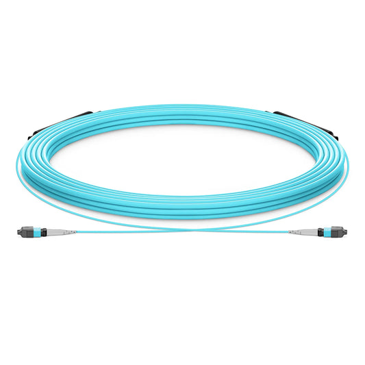 30m (98ft) MTP® Trunk Cable, MTP®-8 UPC (Male) to MTP®-8 UPC (Male), 8 Fibers, Multimode (OM3), Plenum (OFNP), 0.20dB Max, Type B, Double Jacket, Aqua