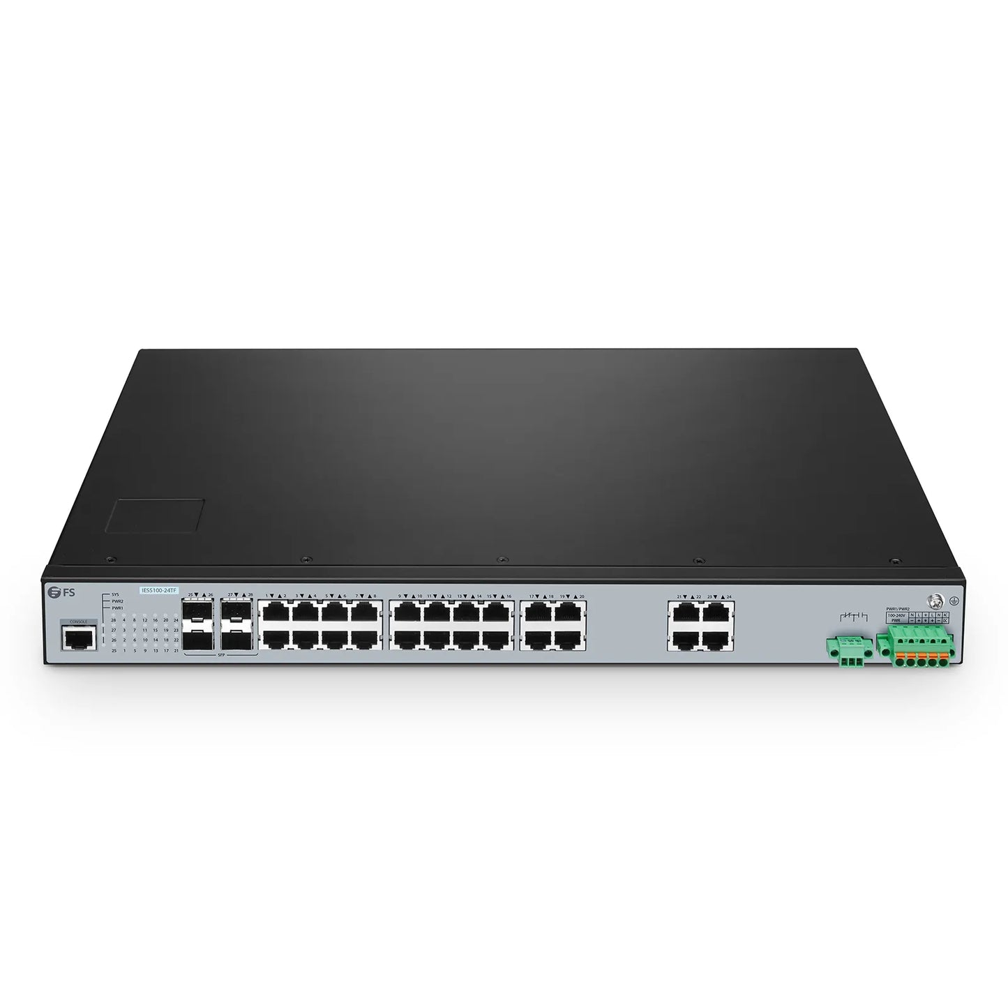 IES5100-24TF, 24-Port Gigabit Ethernet L2+ Managed Industrial Switch, 24 x 10/100/1000BASE-T, with 4 x 1Gb SFP, -40 to 85°C Operating Temperature