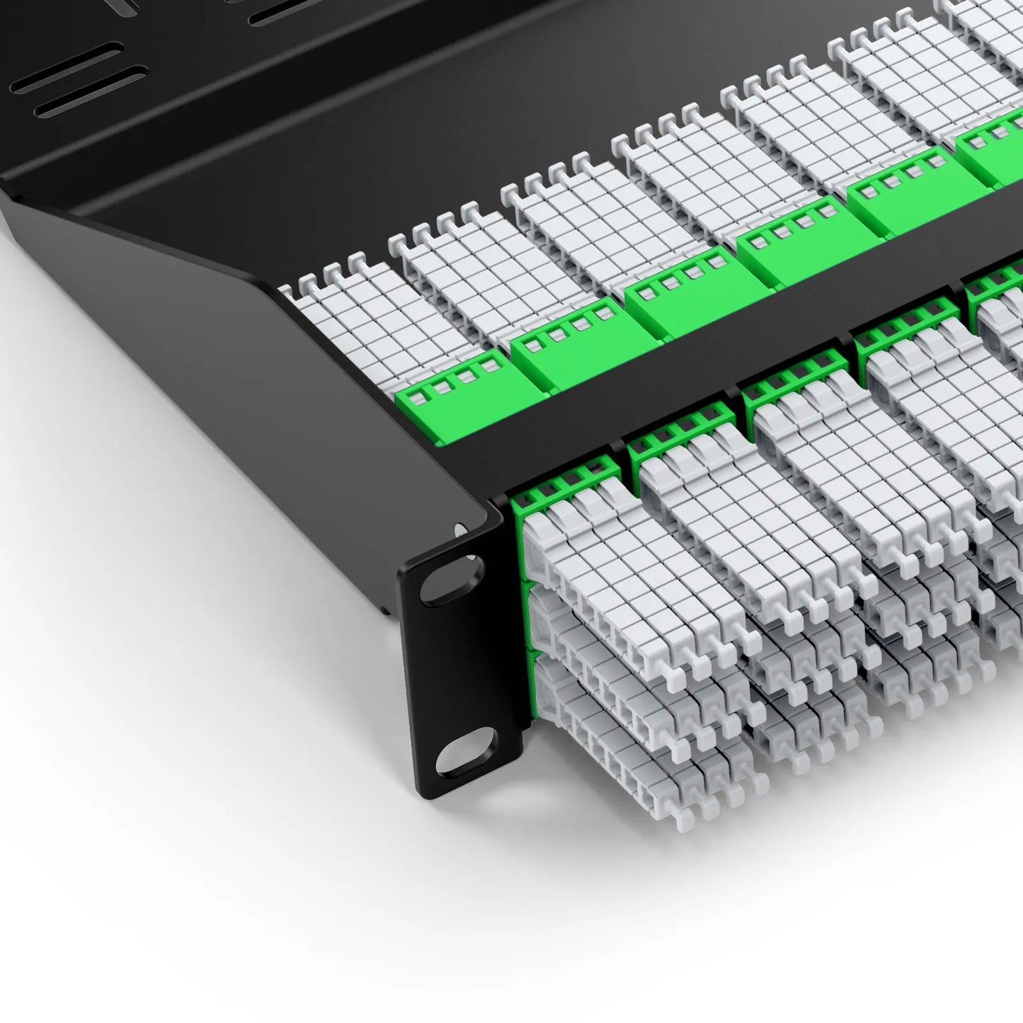 1U 19'' Ultra High Density Fiber Adapter Panel with Rear Cable Manager, OS2 Single Mode, 66 x 4-Port MMC-12/16/24 (Green) Adapter