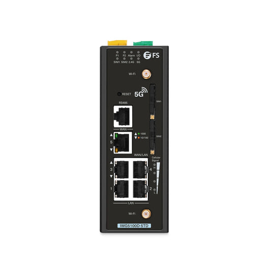 IWG5100D-5TD, 5-Port Gigabit Ethernet Industrial 5G NR Cellular Wireless Gateway, with 5 x 10/100/1000BASE-T RJ45, 3 LAN Ports, 1 LAN/WAN Port, 1 WAN Port, Support Dual-SIM and IPSec VPN