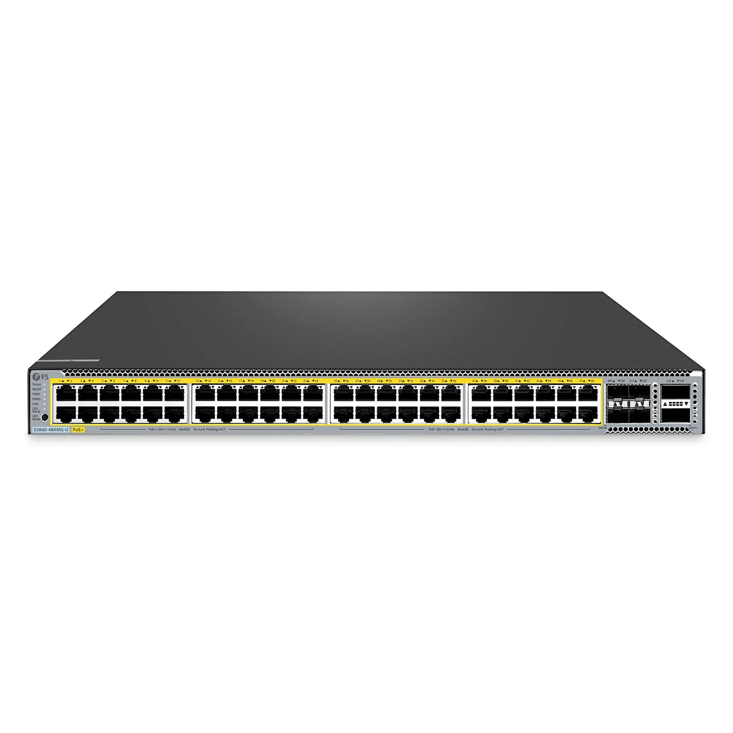 S5860-48XMG-U, 48-Port Ethernet L3 PoE++ Switch, 48 x 10GBASE-T/Multi-Gigabit Ports, 4 x 25Gb SFP28 Uplinks, with 2 x 40Gb QSFP+ Uplinks, PicOS®, Support MLAG & Perpetual PoE, Broadcom Chip