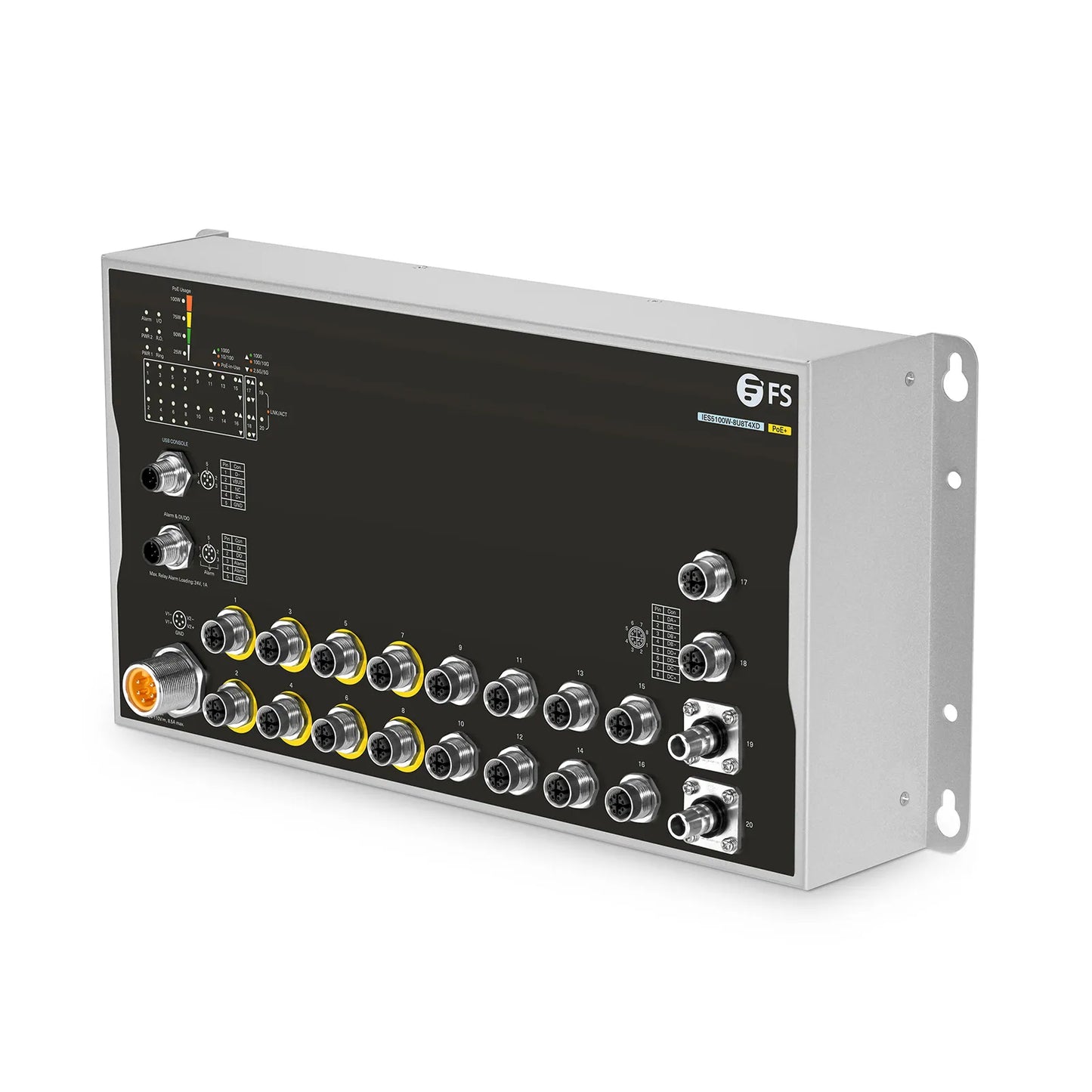 IES5100W-8U8T4XD, 16-Port Gigabit Ethernet L3 Managed Industrial PoE+ Switch, 8 x PoE+ Ports@100W, 8 x 10/100/1000BASE-T M12, 2 x 10GBASE-T M12, with 2 x 10Gb Q-ODC, -40 to 70°C Operating Temperature