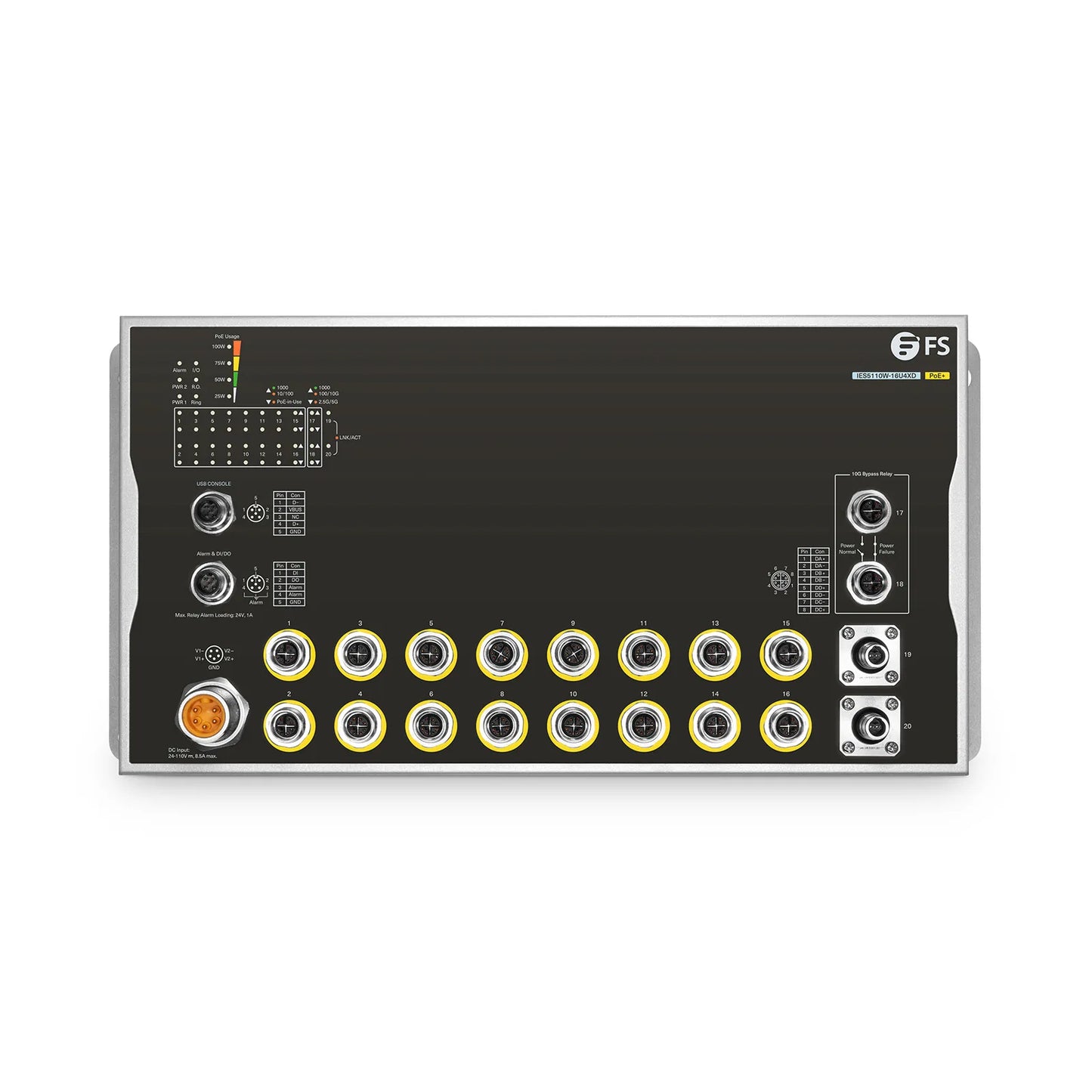 IES5110W-16U4XD, 16-Port Gigabit Ethernet L3 Managed Industrial PoE+ Switch, 16 x PoE+ Ports@100W, 2 x 10GBASE-T M12 Bypass, with 2 x 10Gb Q-ODC, -40 to 70°C Operating Temperature