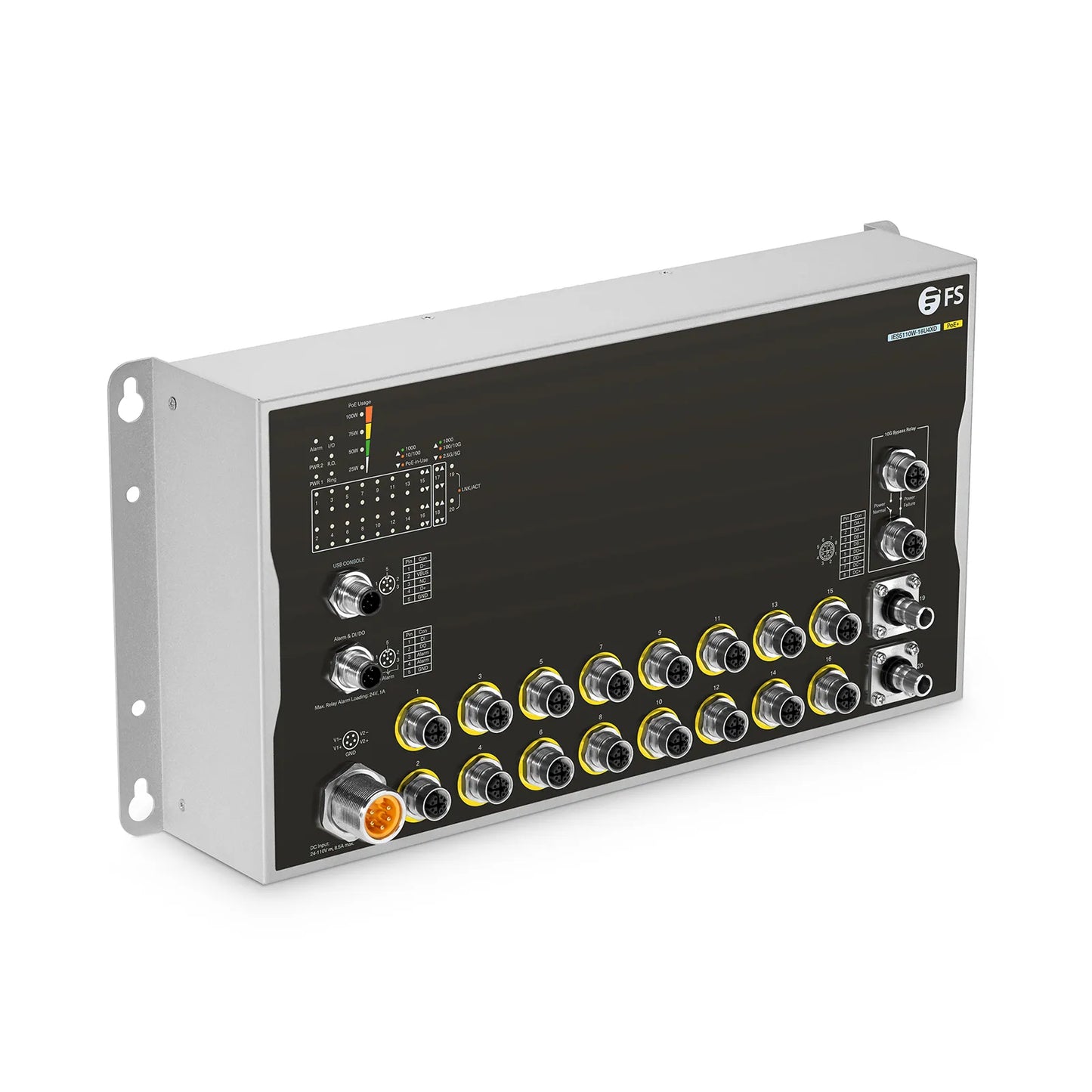 IES5110W-16U4XD, 16-Port Gigabit Ethernet L3 Managed Industrial PoE+ Switch, 16 x PoE+ Ports@100W, 2 x 10GBASE-T M12 Bypass, with 2 x 10Gb Q-ODC, -40 to 70°C Operating Temperature