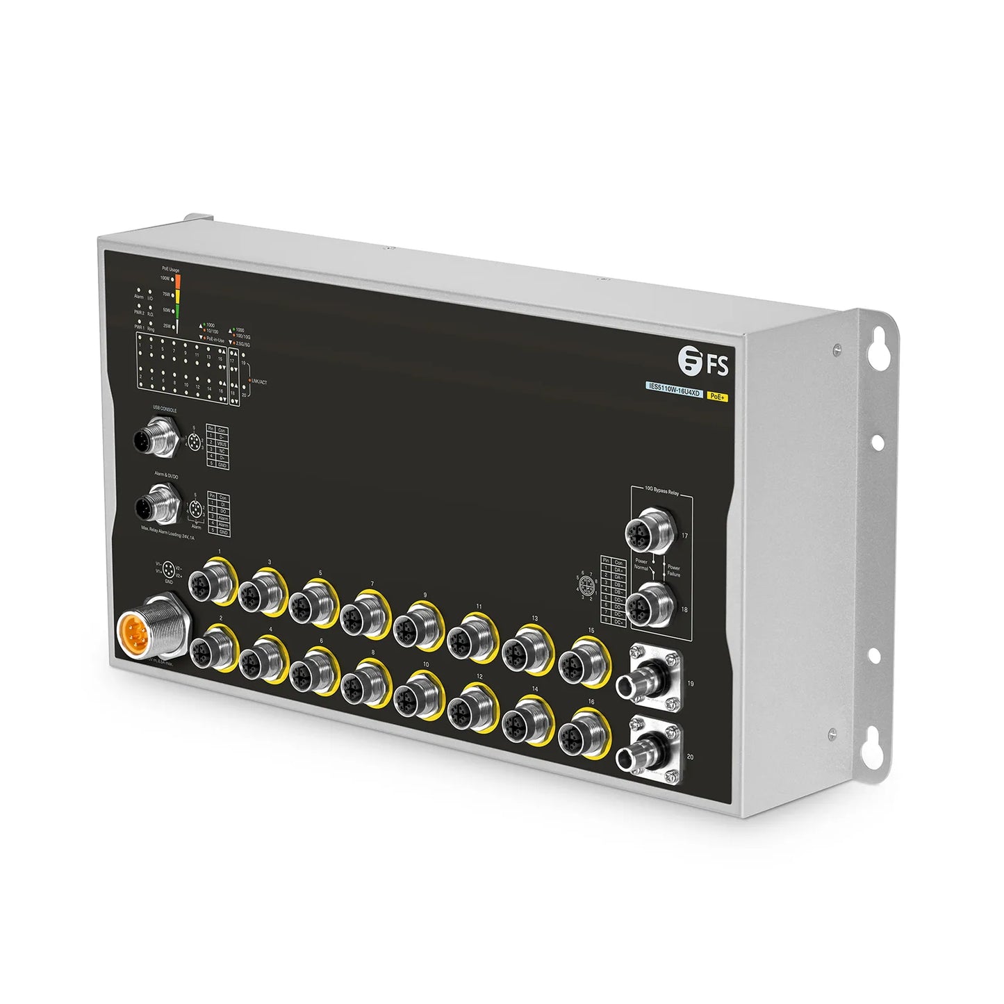 IES5110W-16U4XD, 16-Port Gigabit Ethernet L3 Managed Industrial PoE+ Switch, 16 x PoE+ Ports@100W, 2 x 10GBASE-T M12 Bypass, with 2 x 10Gb Q-ODC, -40 to 70°C Operating Temperature