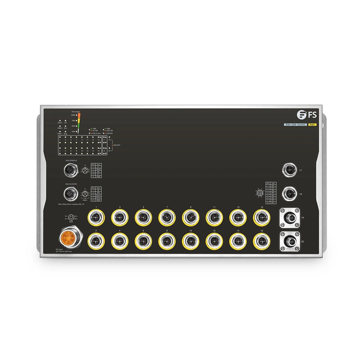 IES5120W-16U4XD, 16-Port Gigabit Ethernet L3 Managed Industrial PoE+ Switch, 16 x PoE+ Ports@100W, 2 x 10GBASE-T M12, with 2 x 10Gb Q-ODC, -40 to 70°C Operating Temperature