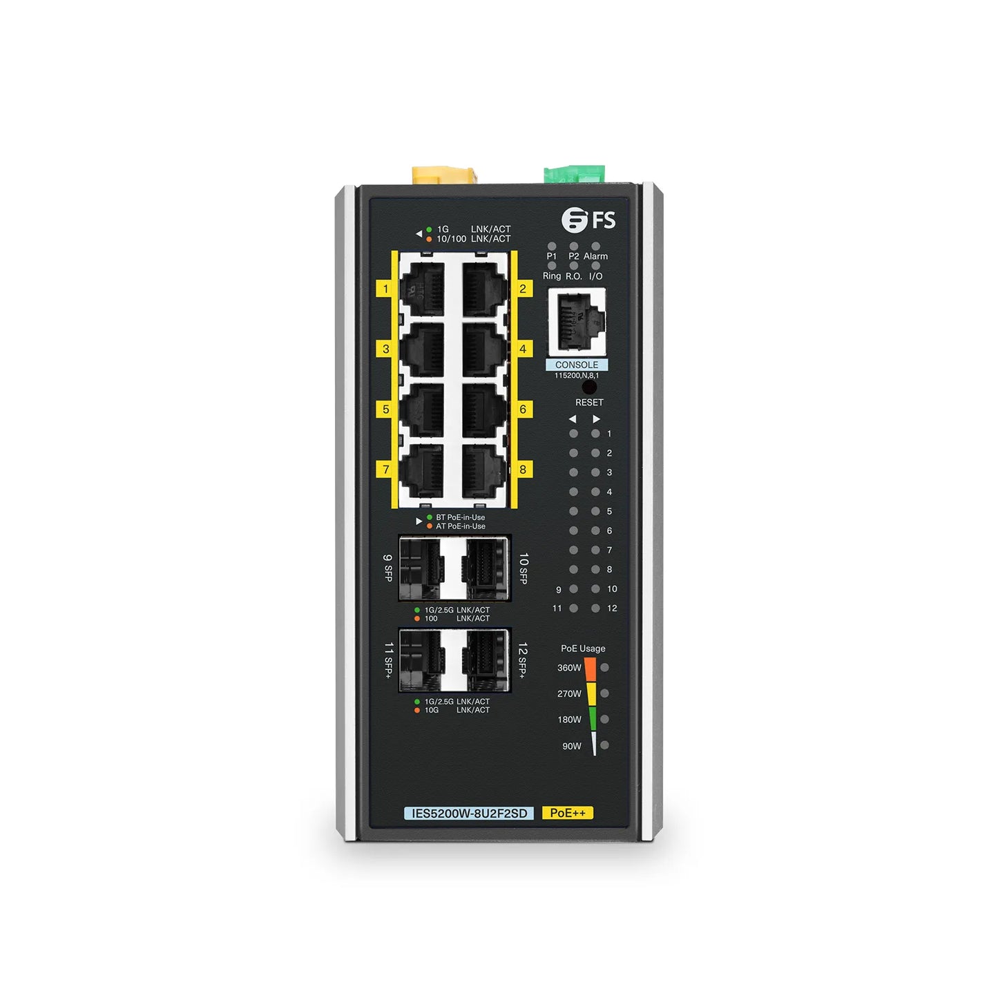 IES5200W-8U2F2SD, 8-Port Gigabit Ethernet L3 Managed Industrial PoE++ Switch, 8 x PoE++ Ports@360W, with 2 x 1/2.5Gb SFP, 2 x 10Gb SFP+, -40 to 75°C Operating Temperature