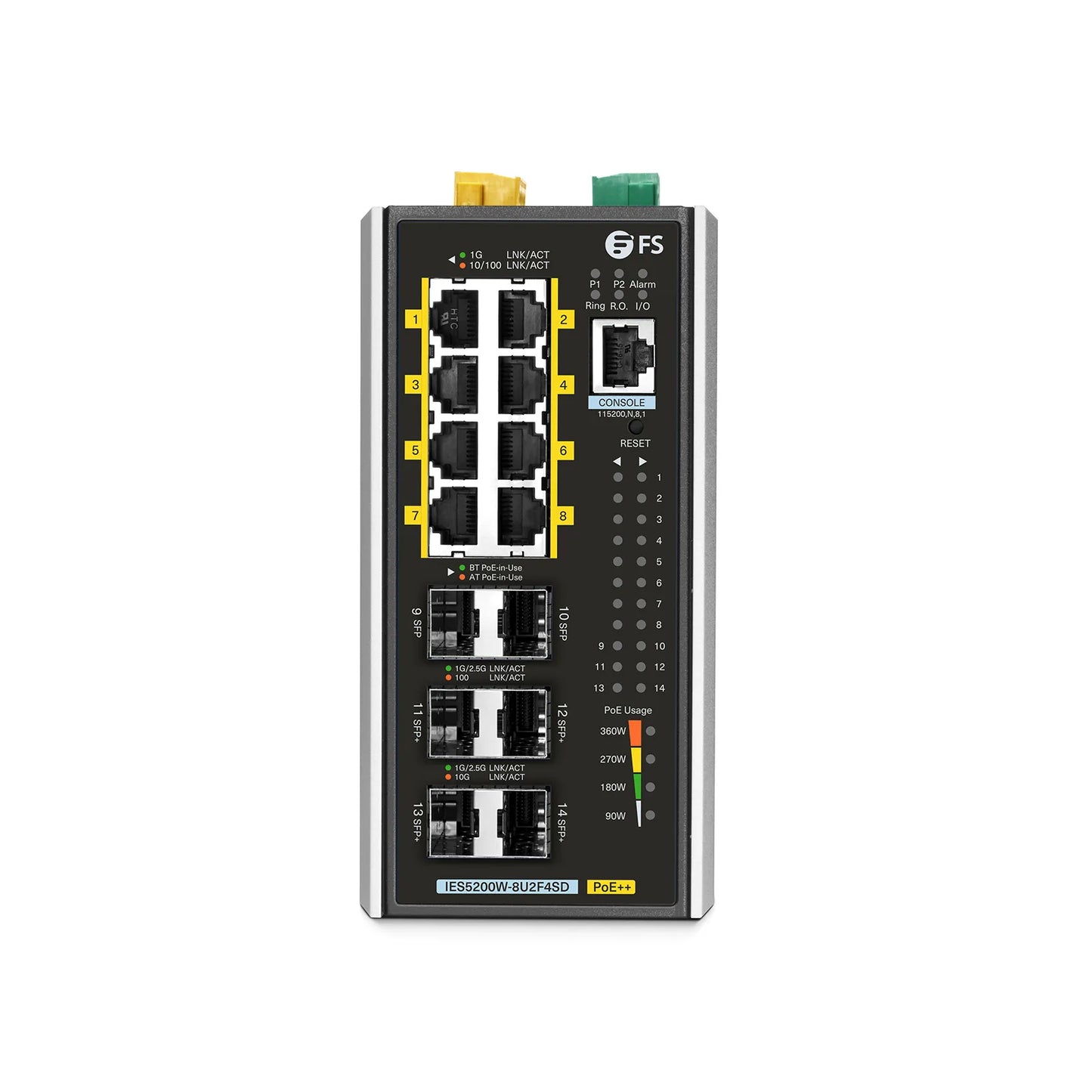 IES5200W-8U2F4SD, 8-Port Gigabit Ethernet L3 Managed Industrial PoE++ Switch, 8 x PoE++ Ports@360W, with 2 x 1/2.5Gb SFP, 4 x 10Gb SFP+, -40 to 75°C Operating Temperature