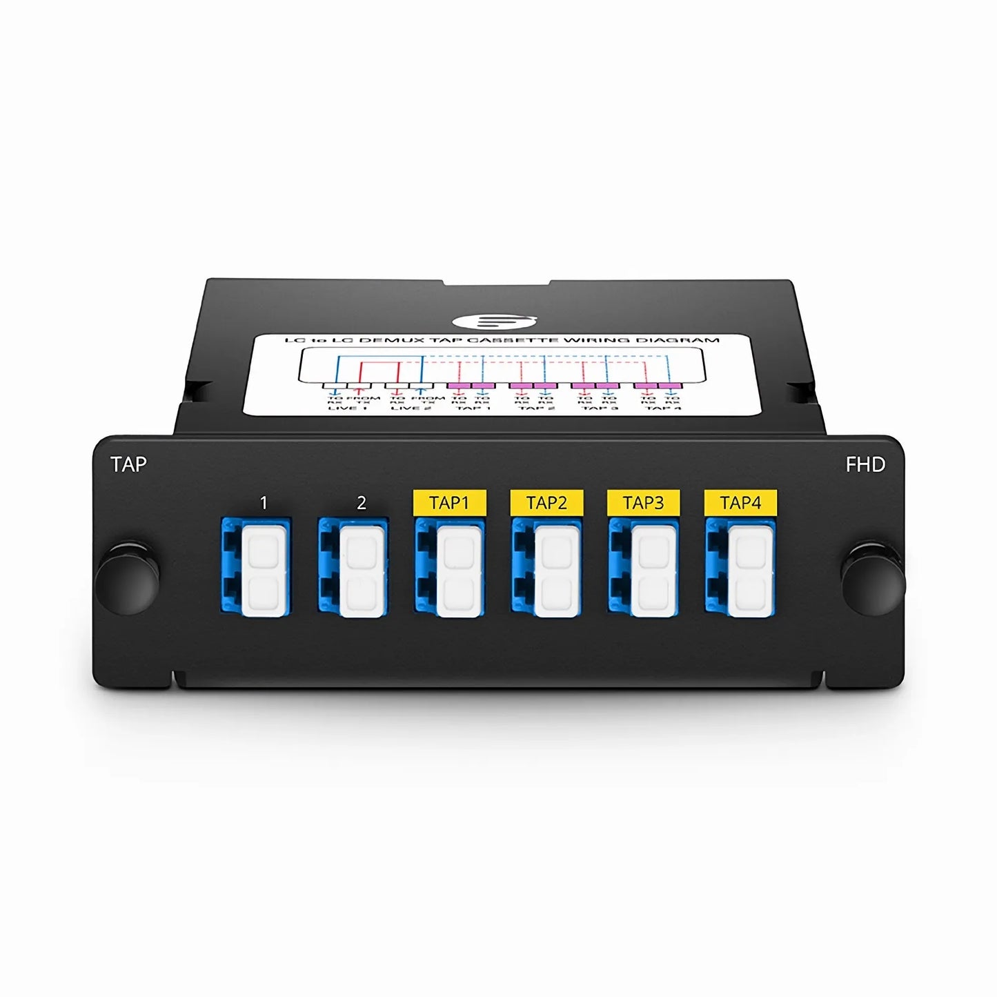 FHD™ Demux LC TAP Cassette, OS2 Single Mode, 2 x LC Duplex Live Ports, 4 x LC Duplex TAP Ports, 50/50 Split Ratio (Live/TAP), 1/10/40/100G