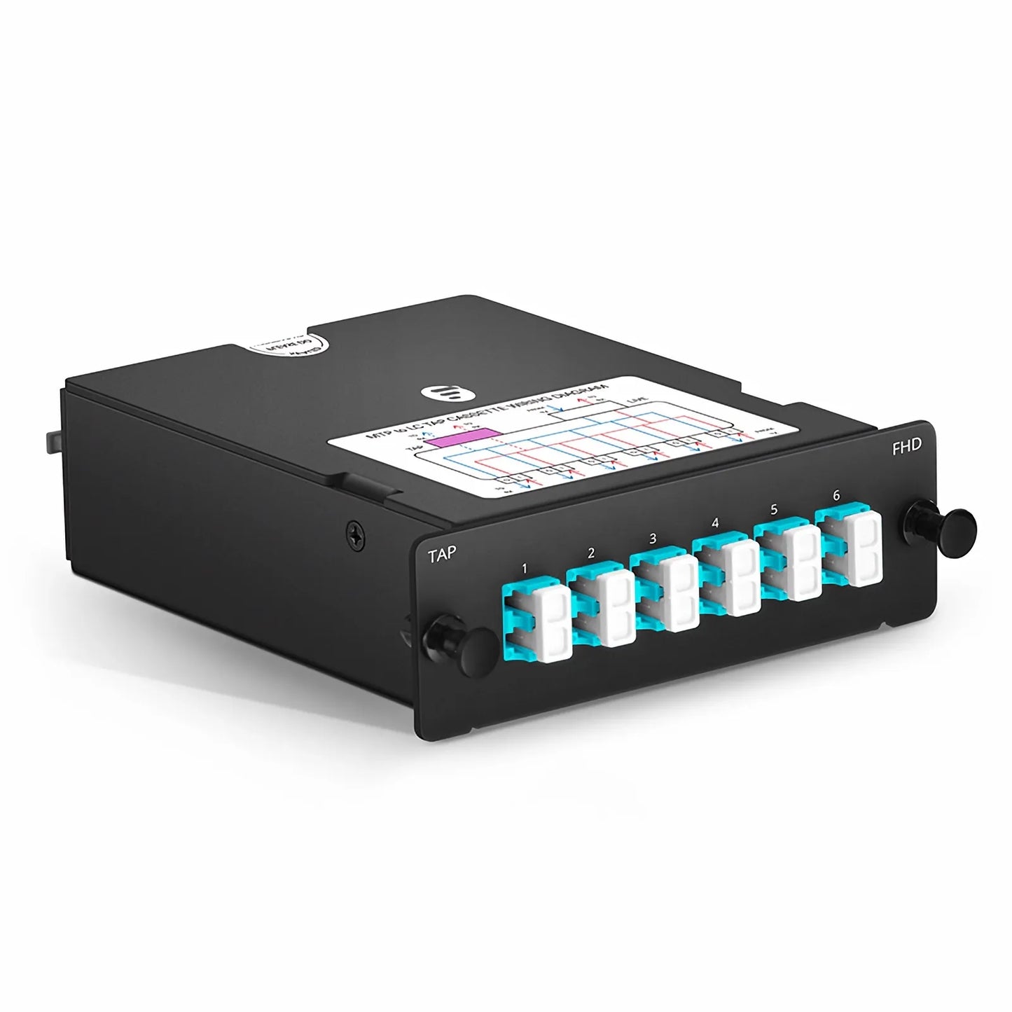 FHD™ MTP®-LC TAP Cassette, OM4 Multimode, 6 x LC Duplex Live Ports, MTP®-12 Male Live Port, MTP®-12 Male TAP Port, 50/50 Split Ratio (Live/TAP), 10/40/100G