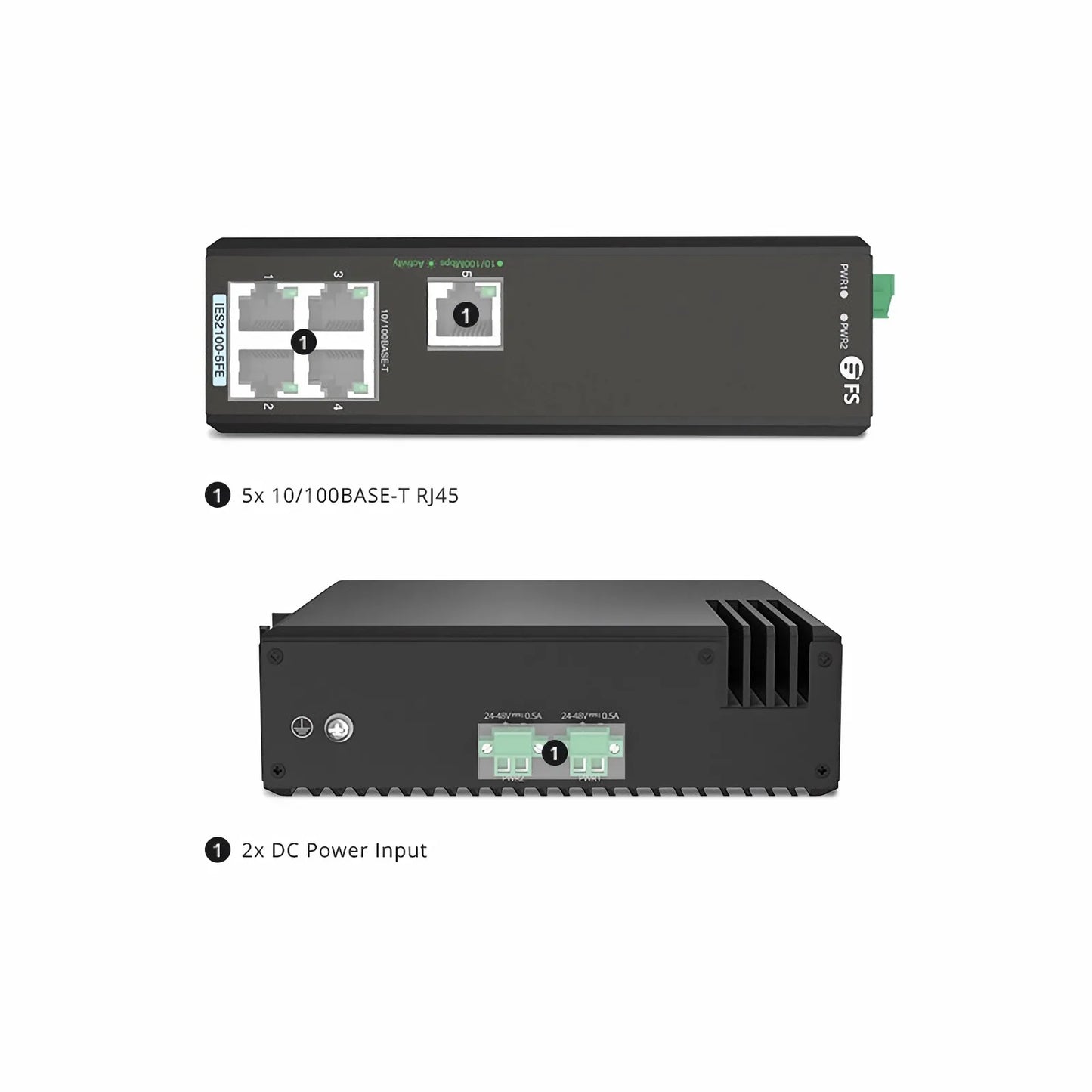 IES2100-5FE, 5-Port Fast Ethernet L2 Unmanaged Industrial Switch, 5 x 10/100BASE-T, -40 to 75°C Operating Temperature