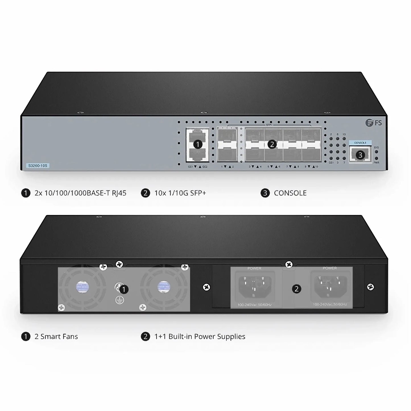 S3260-10S, 10-Port Ethernet L3 Managed Switch, 10 x 10Gb SFP+, with 2 x Gigabit RJ45, Support Stacking