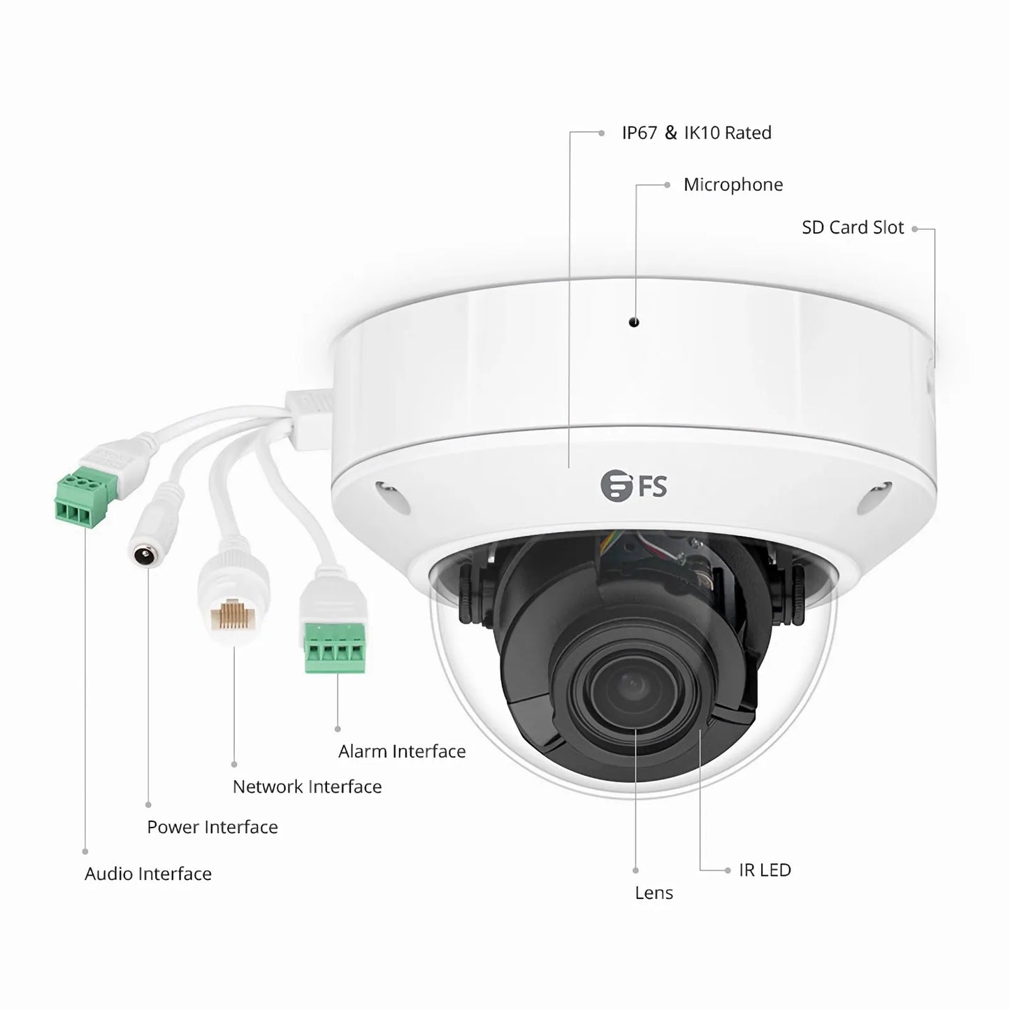 IPC305-5M-D Dome Camera, with 2.7 ~ 13.5mm Varifocal Lens, 5MP Resolution, Built-in Mic, 131ft Night Vision, Smart Intrusion Prevention, IP67 & IK10 PoE Network Camera