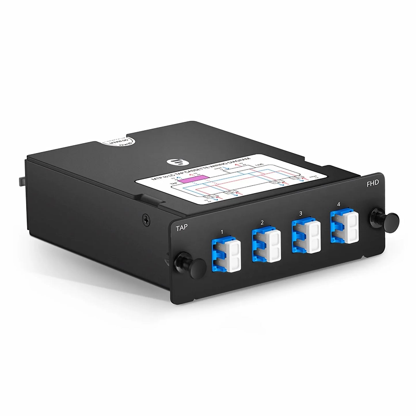 FHD™ MTP®-LC TAP Cassette, OS2 Single Mode, 4 x LC Duplex Live Ports, MTP®-8 Male Live Port, MTP®-8 Male TAP Port, 50/50 Split Ratio (Live/TAP), 10/40/100G