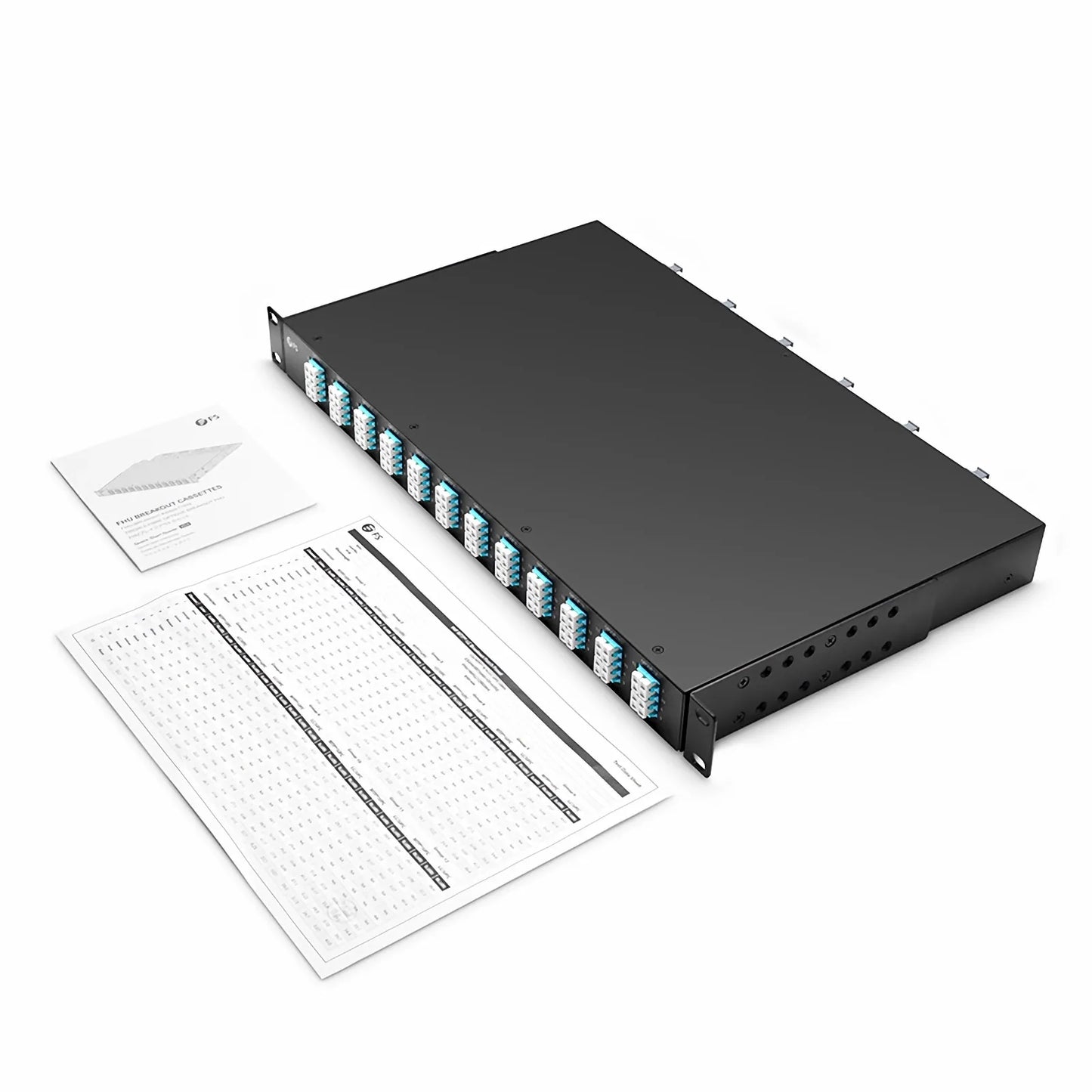 FHU™ 1U MTP®-LC Cassette, OS2 Single Mode, Universal, 96 Fibers, 12 x MTP®-8 (Male) to 24 x LC Quad (Blue), 0.35dB Max.