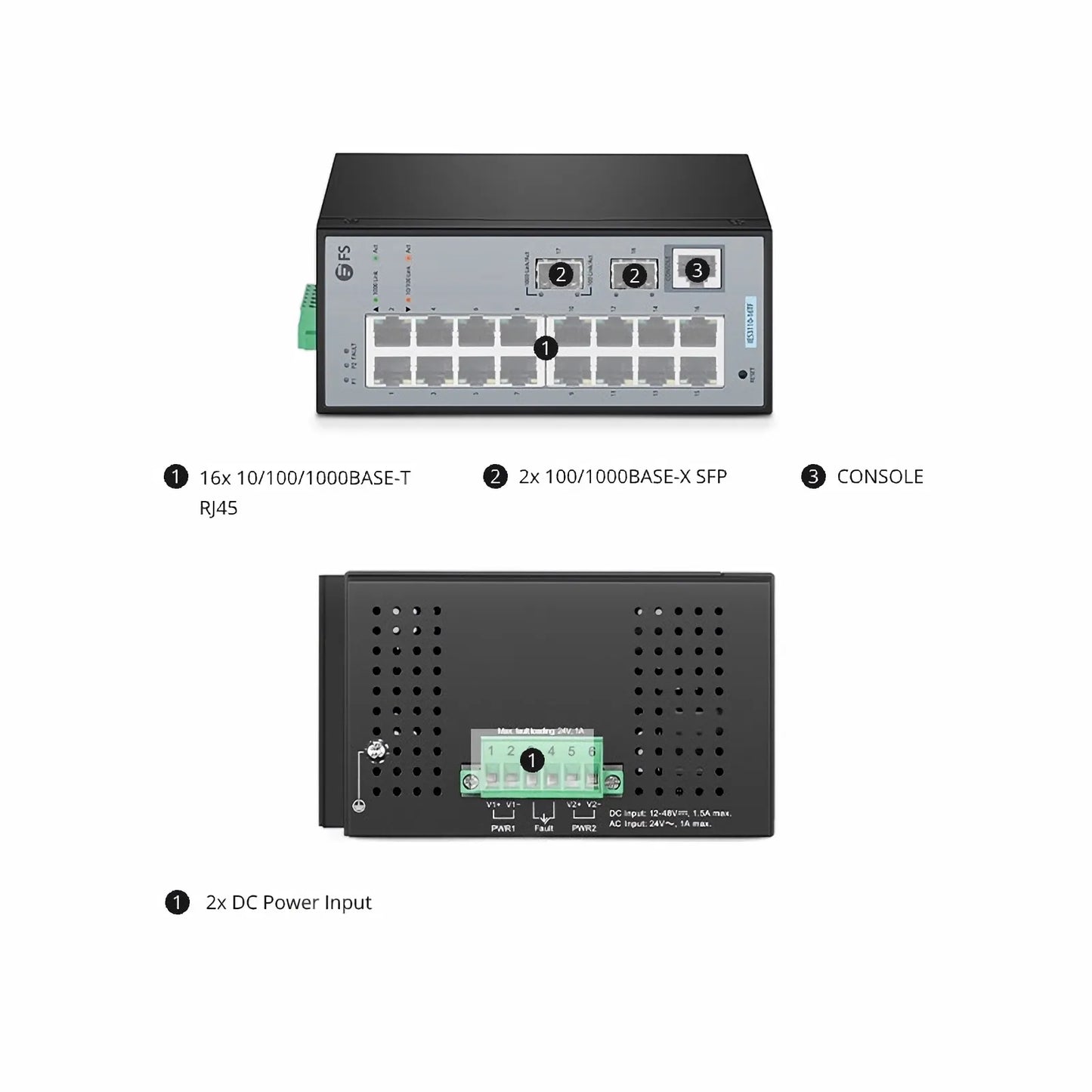 IES3110-16TF, 16-Port Gigabit Ethernet L2 Managed Industrial Switch, 16 x 10/100/1000BASE-T, with 2 x 1Gb SFP, -40 to 75°C Operating Temperature