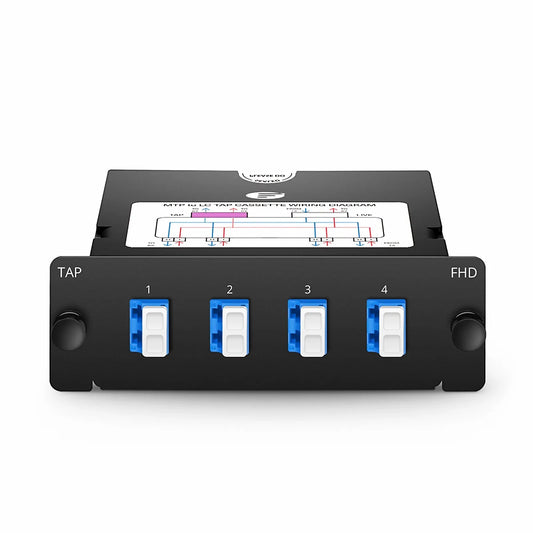 FHD™ MTP®-LC TAP Cassette, OS2 Single Mode, 4 x LC Duplex Live Ports, MTP®-8 Male Live Port, MTP®-8 Male TAP Port, 50/50 Split Ratio (Live/TAP), 10/40/100G