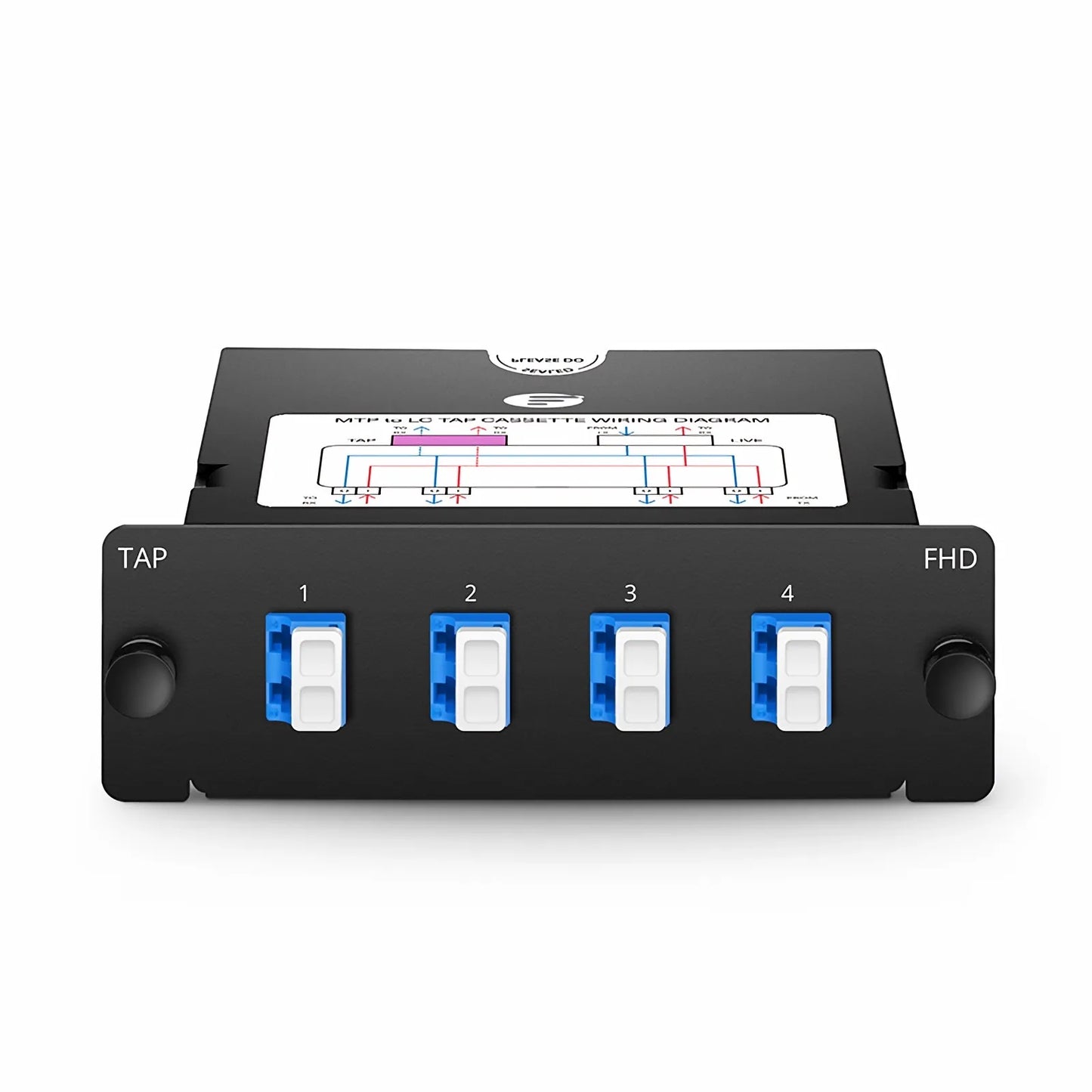 FHD™ MTP®-LC TAP Cassette, OS2 Single Mode, 4 x LC Duplex Live Ports, MTP®-8 Male Live Port, MTP®-8 Male TAP Port, 50/50 Split Ratio (Live/TAP), 10/40/100G
