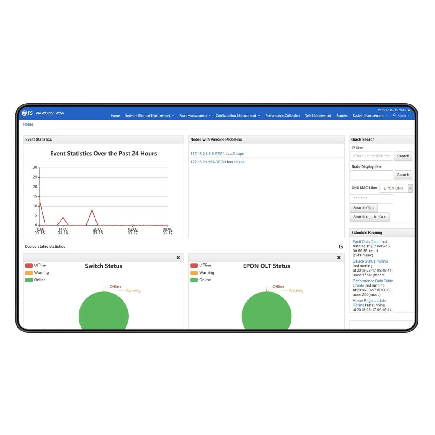 AmpCon-PON Management System for FS PON OLT&ONU Devices, Includes Centralized Management, Real-Time Alarm Monitoring and Log Insights