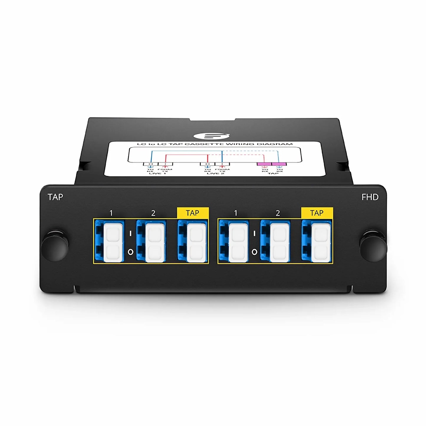FHD™ LC TAP Cassette, OS2 Single Mode, 4 x LC Duplex Live Ports, 2 x LC Duplex TAP Ports, 50/50 Split Ratio (Live/TAP), 1/10/40/100G