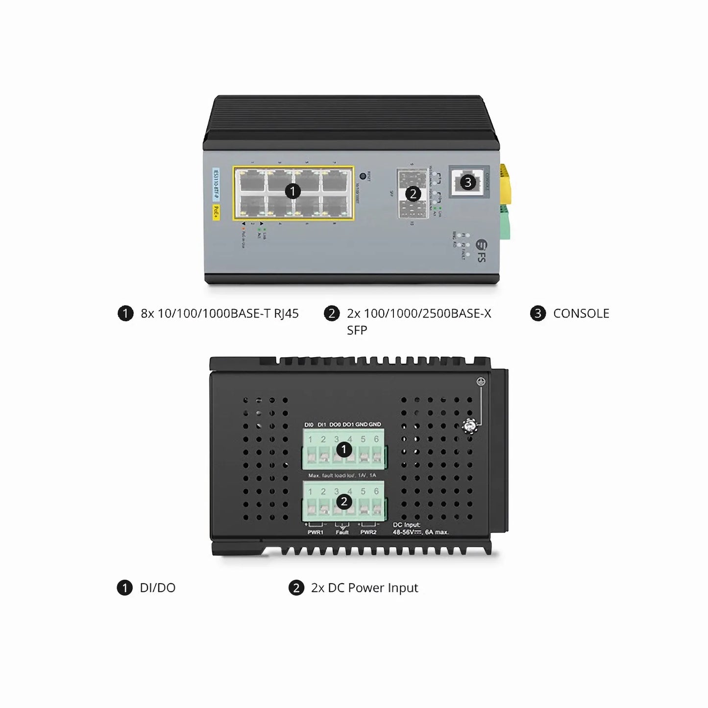 IES3110-8TF-P, 8-Port Gigabit Ethernet L2+ Managed Industrial PoE+ Switch, 8 x PoE+ Ports @240W, with 2 x 1/2.5Gb SFP, -40 to 75°C Operating Temperature
