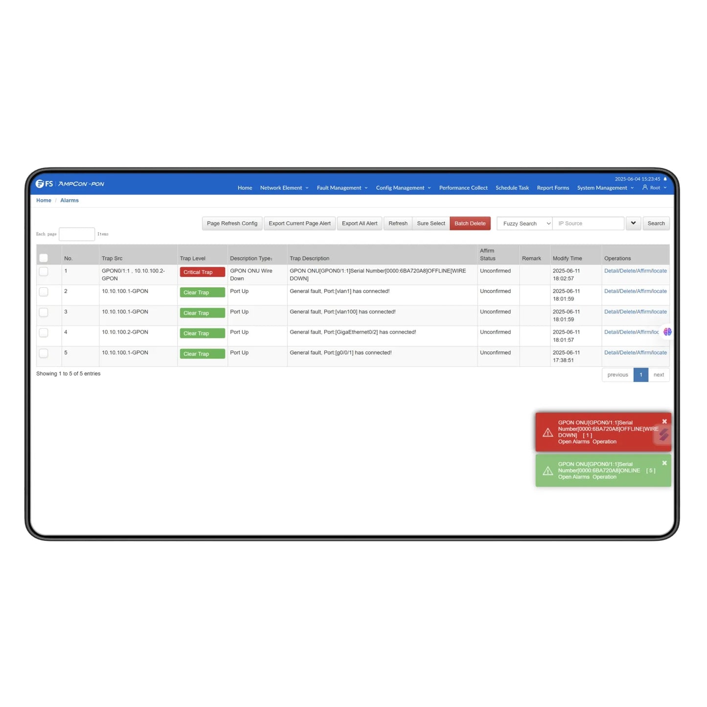 AmpCon-PON Management System for FS PON OLT&ONU Devices, Includes Centralized Management, Real-Time Alarm Monitoring and Log Insights