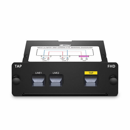 FHD™ MTP® TAP Cassette, OS2 Single Mode, 2 x MTP®-8 Male Live Ports, MTP®-8 Male TAP Port, 50/50 Split Ratio (Live/TAP), 40/100G