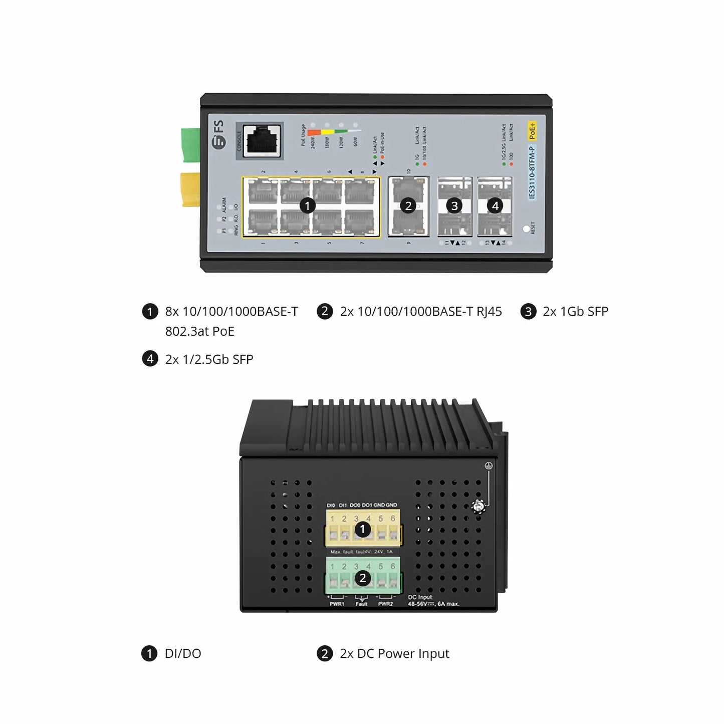 IES3110-8TFM-P, 8-Port Gigabit Ethernet L2+ Managed Industrial PoE+ Switch, 8 x PoE+ Ports @240W, and 2 x 10/100/1000BASE-T, with 2 x 1Gb SFP, 2 x 1/2.5Gb SFP, -40 to 75°C Operating Temperature