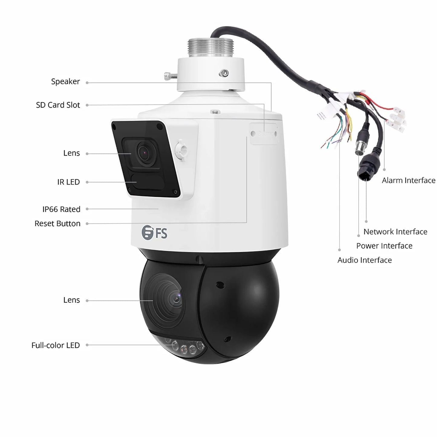 IPC325-4M-PD, 4MP Dual Lens PTZ IP Security Camera with a 25X Motorized Zoom Lens on Bottom and a Fixed 4mm Camera on Top