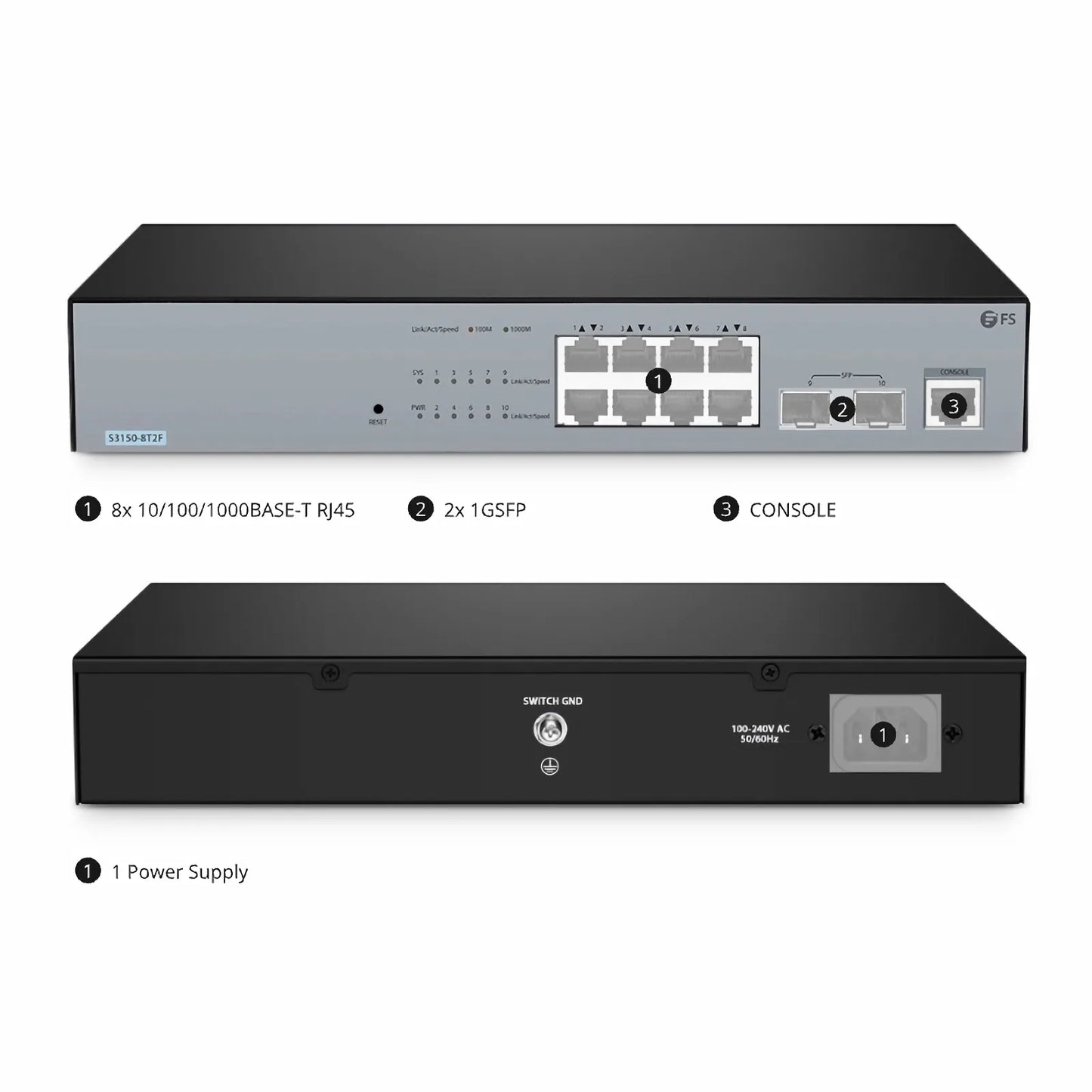 S3150-8T2F, 8-Port Gigabit Ethernet L2+ Compact Switch, 8 x Gigabit RJ45, with 2 x 1Gb SFP Uplinks, Fanless