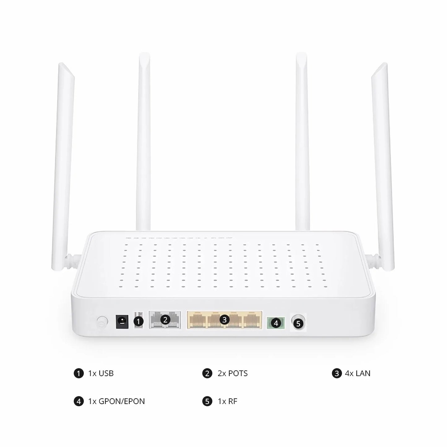 TA1910-4GVC-W, XPON (GPON + EPON) HGU ONU with 1 x PON, 4 x GE, 2 x POTS, 1 x RF, 1 x USB, and 4 x External Dual Band Antennas (1200M WiFi 4/5)