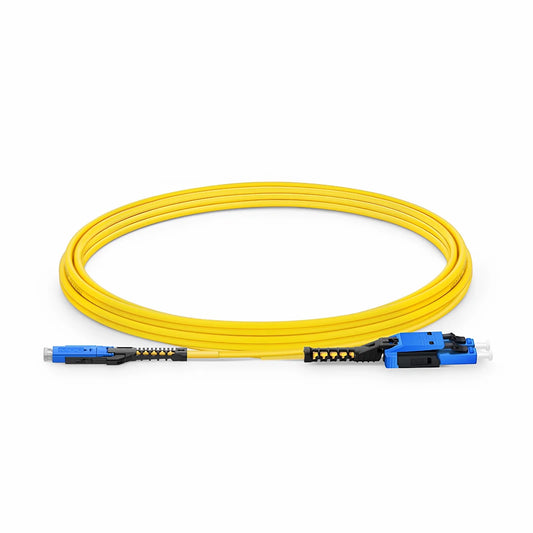 3m (10ft) Fiber Patch Cable, 2 Fibers, MDC UPC Duplex to LC UPC Duplex Flat Clip with Push-Pull Boot Uniboot, Single Mode (OS2), Riser (OFNR), 2.0mm, Yellow, for 100/400/800G Network Connection
