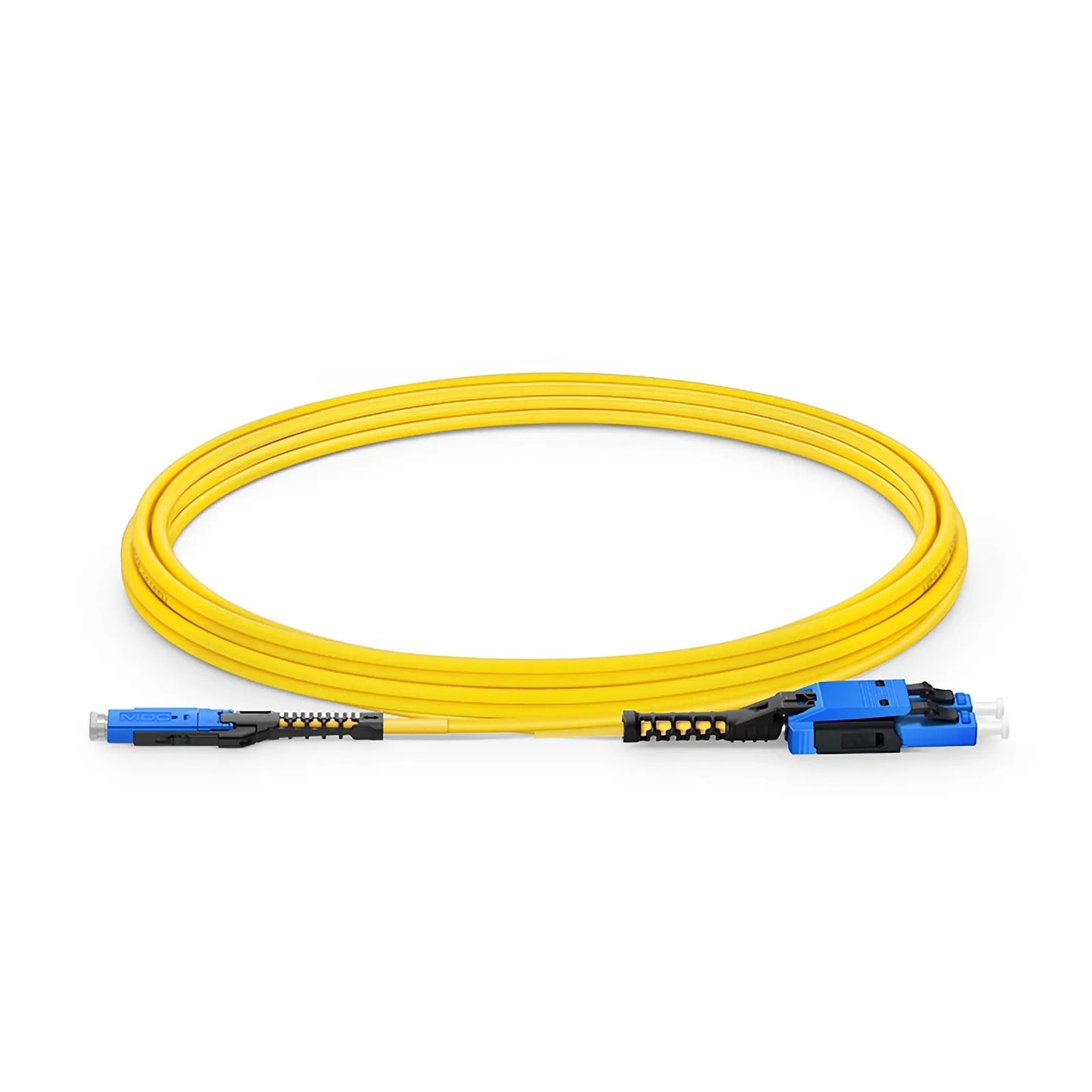 3m (10ft) Fiber Patch Cable, 2 Fibers, MDC UPC Duplex to LC UPC Duplex Flat Clip with Push-Pull Boot Uniboot, Single Mode (OS2), Riser (OFNR), 2.0mm, Yellow