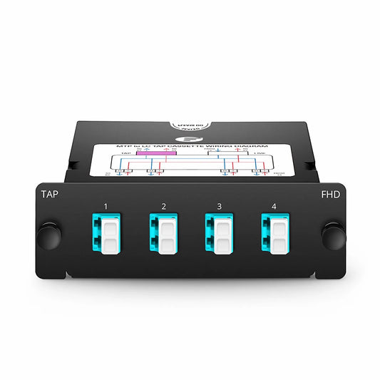 FHD™ MTP®-LC TAP Cassette, OM4 Multimode, 4 x LC Duplex Live Ports, MTP®-8 Male Live Port, MTP®-8 Male TAP Port, 50/50 Split Ratio (Live/TAP), 10/40/100G