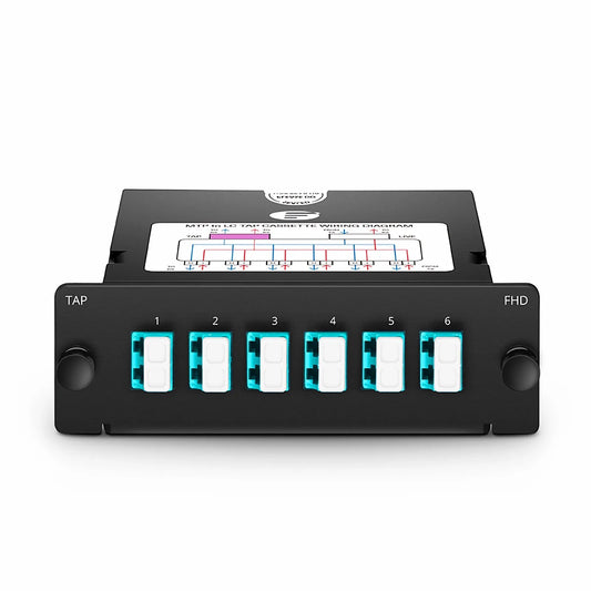 FHD™ MTP®-LC TAP Cassette, OM4 Multimode, 6 x LC Duplex Live Ports, MTP®-12 Male Live Port, MTP®-12 Male TAP Port, 50/50 Split Ratio (Live/TAP), 10/40/100G