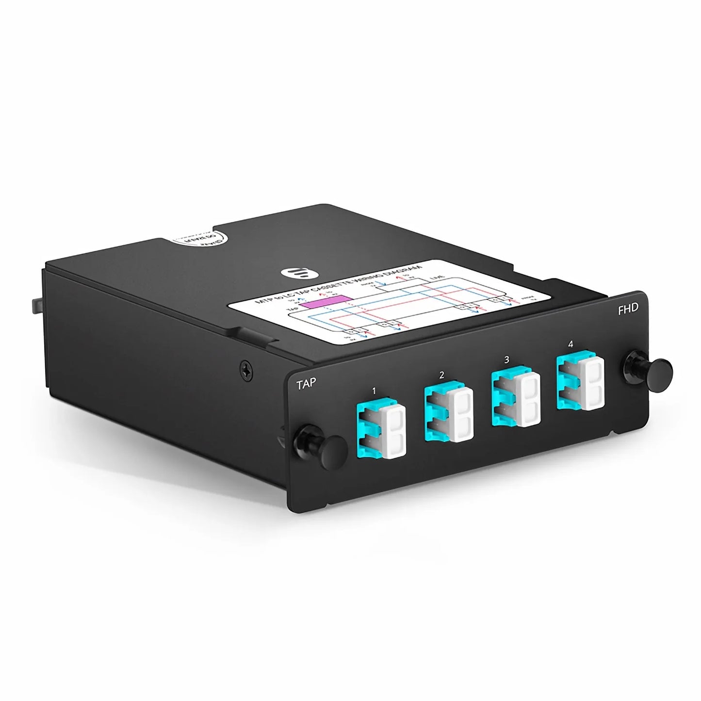 FHD™ MTP®-LC TAP Cassette, OM4 Multimode, 4 x LC Duplex Live Ports, MTP®-8 Male Live Port, MTP®-8 Male TAP Port, 50/50 Split Ratio (Live/TAP), 10/40/100G