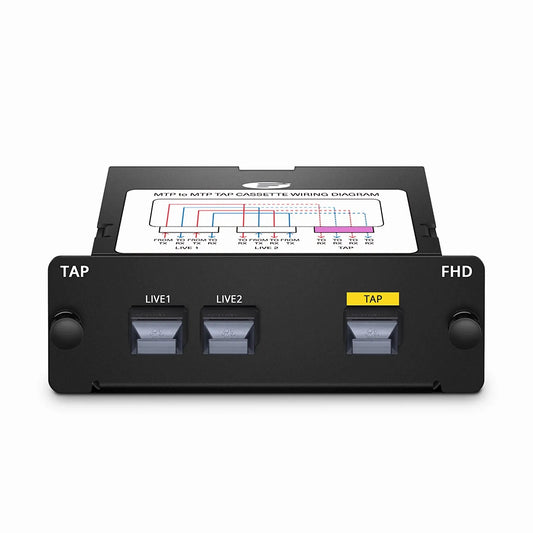 FHD™ MTP® TAP Cassette, OS2 Single Mode, 2 x MTP®-12 Male Live Ports, MTP®-12 Male TAP Port, 50/50 Split Ratio (Live/TAP), 40/100G