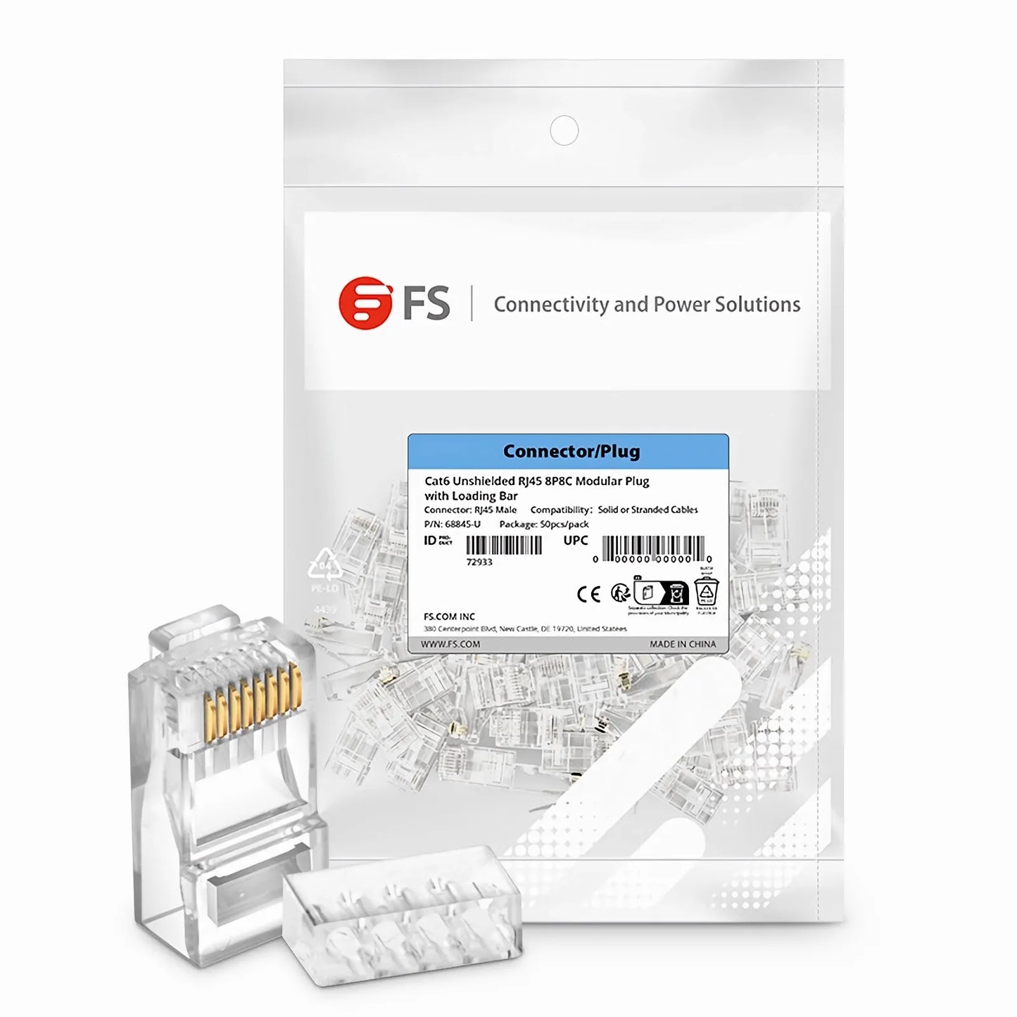 Cat6 RJ45 Standard Modular Plugs (Two-Piece Suit), Unshielded Network Connectors for 23~24AWG Twisted Pair Solid or Stranded Cable (50/Pack)