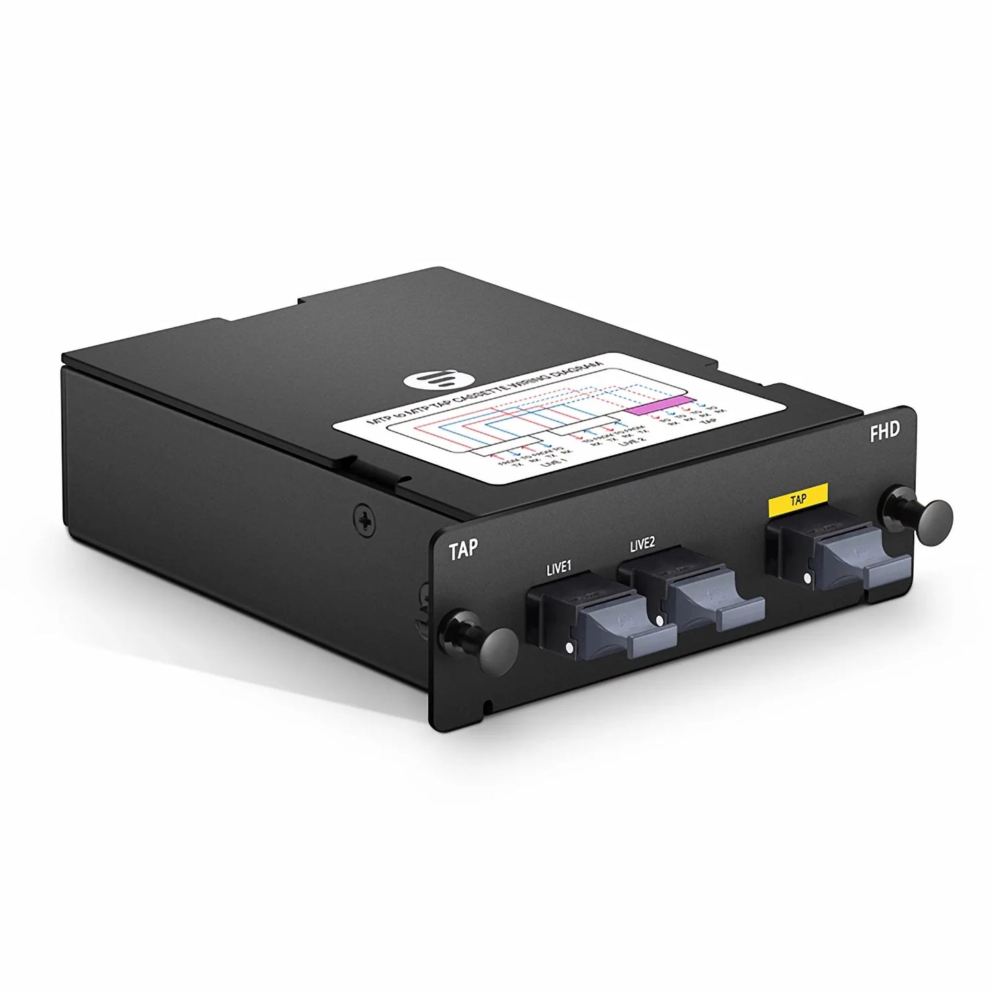 FHD™ MTP® TAP Cassette, OS2 Single Mode, 2 x MTP®-12 Male Live Ports, MTP®-12 Male TAP Port, 50/50 Split Ratio (Live/TAP), 40/100G