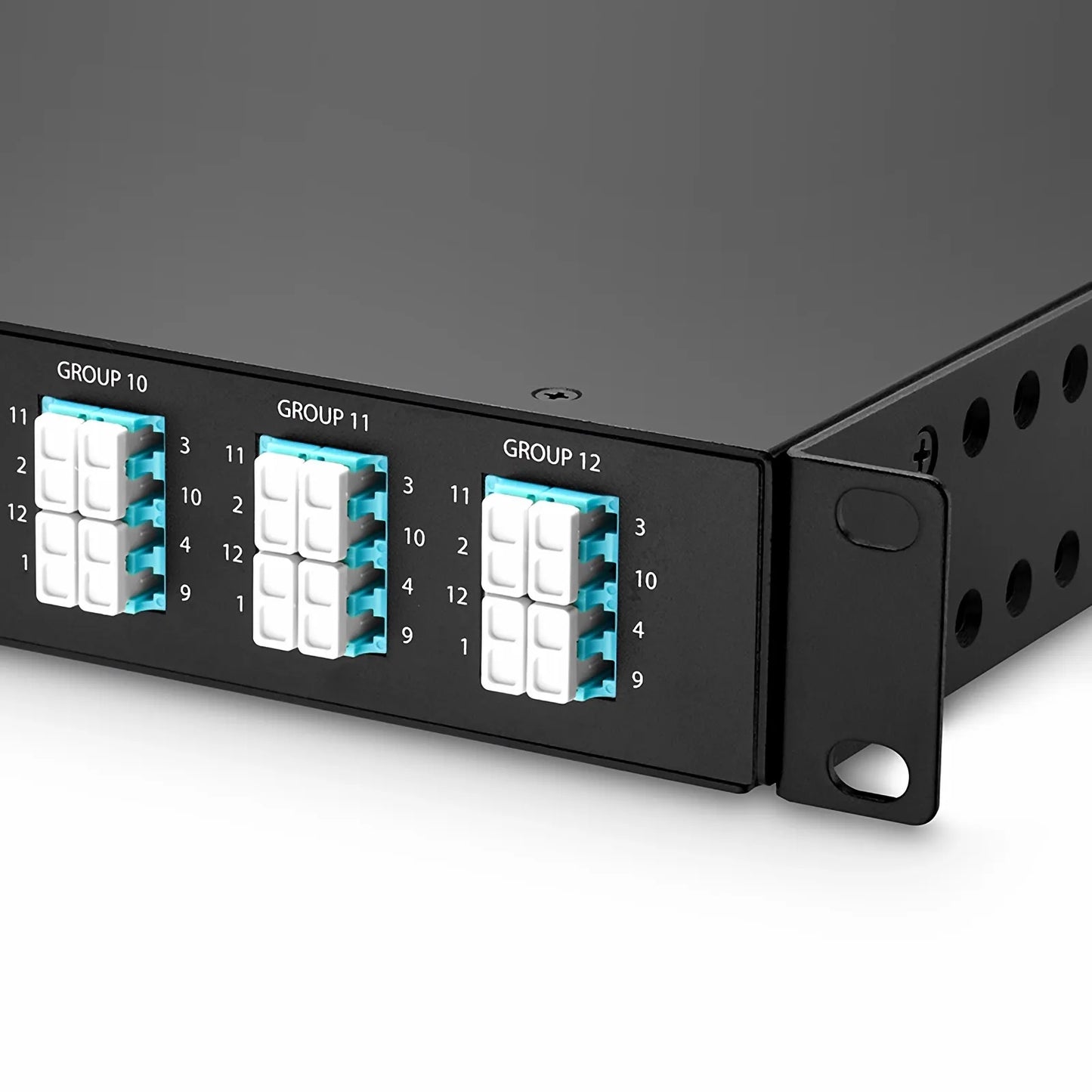 FHU™ 1U MTP®-LC Cassette, OM4 Multimode, Universal, 96 Fibers, 12 x MTP®-8 (Male) to 24 x LC Quad (Aqua), 0.35dB Max.