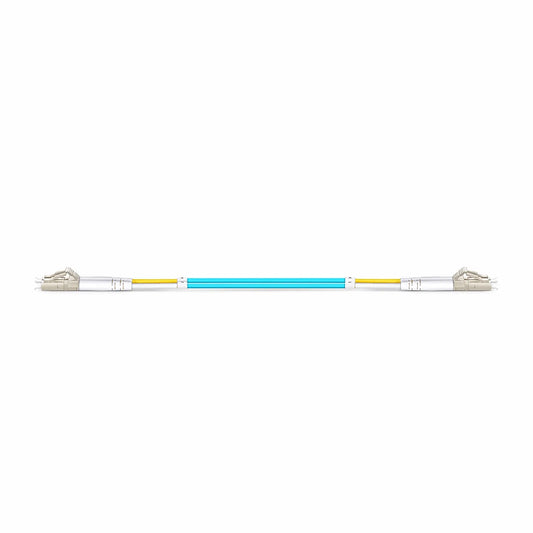 0.2m (0.65ft) Fiber Patch Cable, 2 Fibers, LC UPC Duplex to LC UPC Duplex, Multimode (OM3), Riser (OFNR), 2.0mm, Tight-Buffered, Aqua