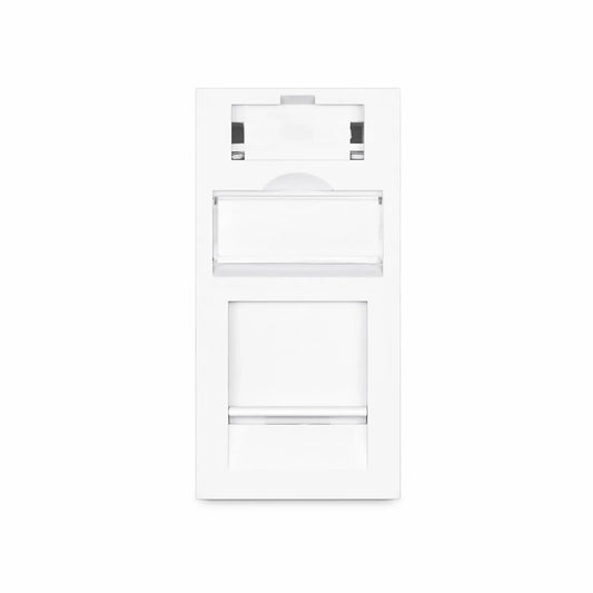 French-style Single Gang Snap-in Keystone Faceplate, Computer and Telephone Identification Icons, 1 Port, 0.5U, White, 0.88" x 1.76"