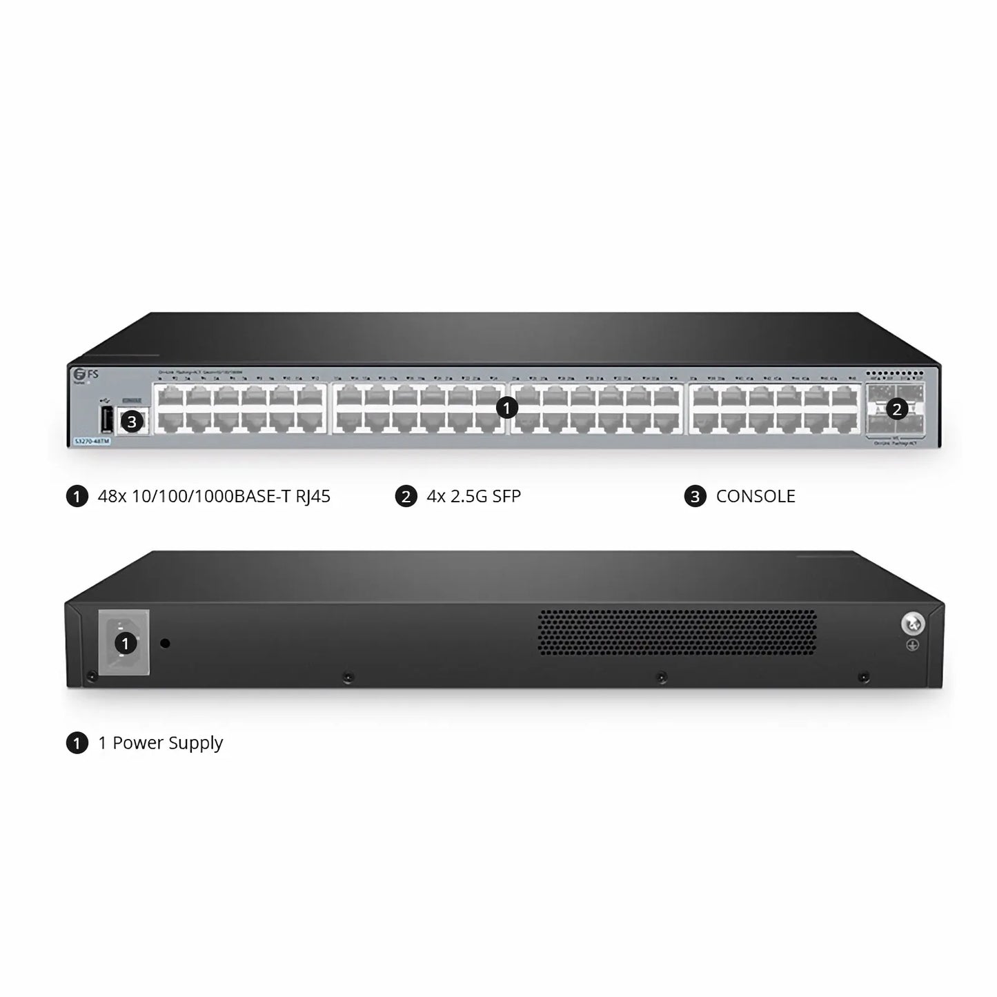 S3270-48TM, 48-Port Gigabit Ethernet L2+ Switch, 48 x Gigabit RJ45, with 4 x 1/2.5Gb SFP Uplinks, PicOS®, Broadcom Chip
