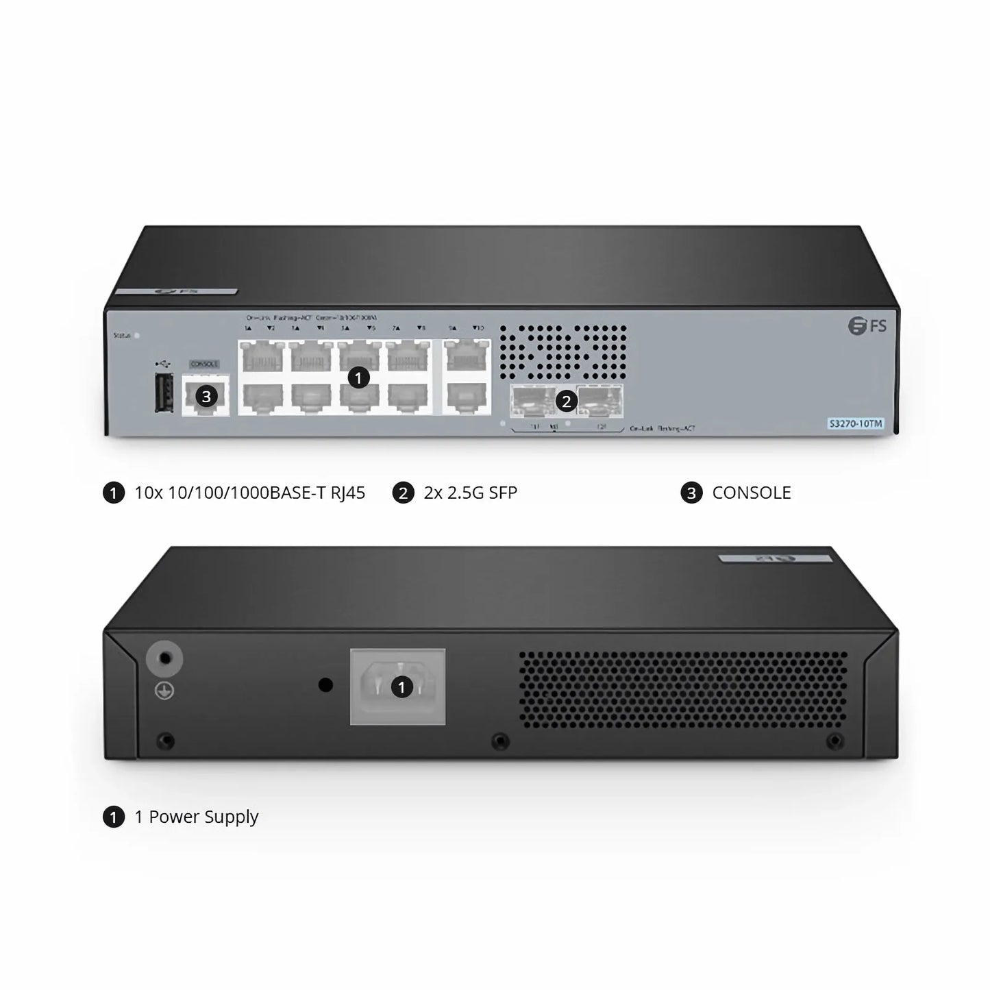 S3270-10TM, 10-Port Gigabit Ethernet L2+ Switch, 10 x Gigabit RJ45, with 2 x 1/2.5Gb SFP Uplinks, PicOS®, Broadcom Chip
