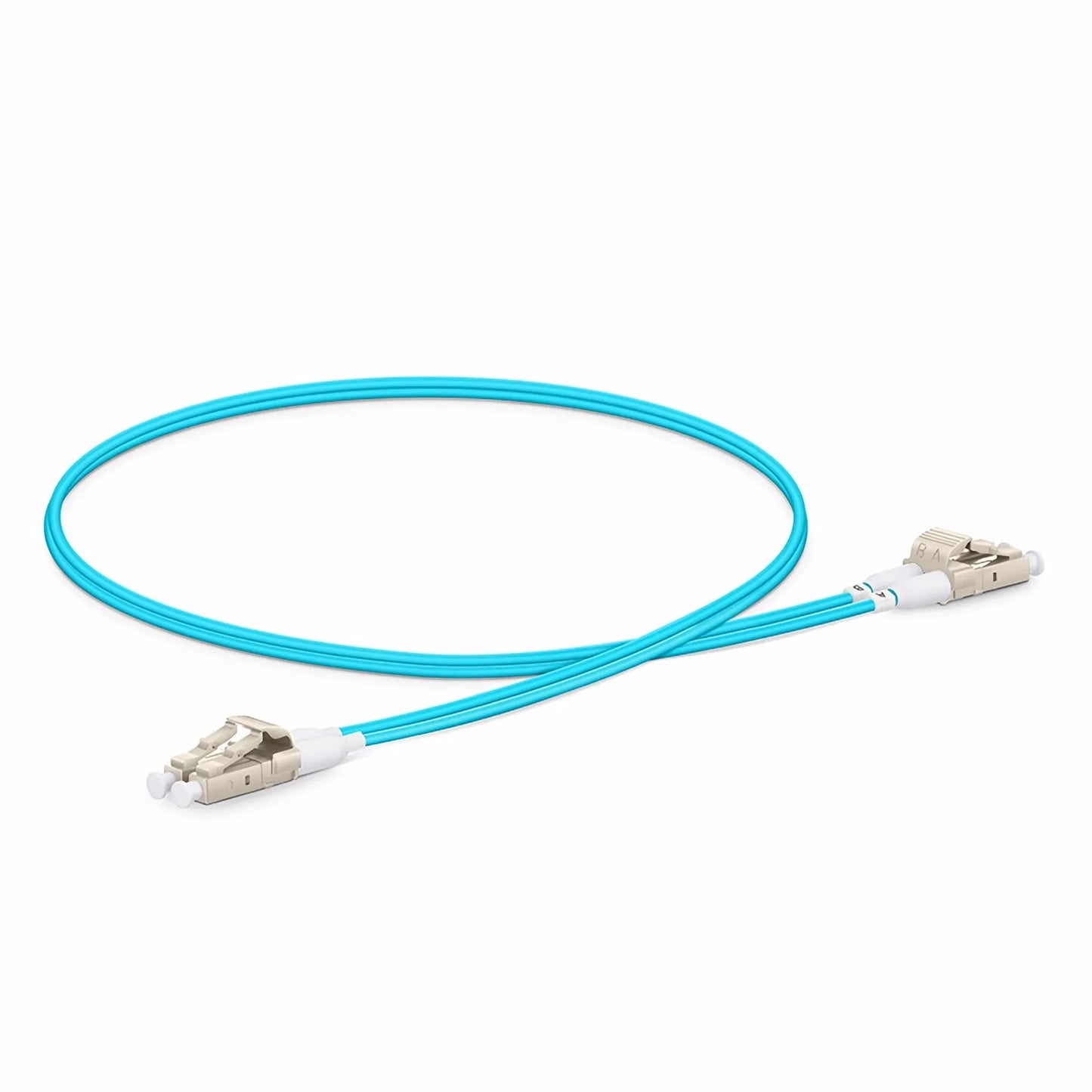 0.5m (1.6ft) Fiber Patch Cable, 2 Fibers, Short Boot, LC UPC Duplex to LC UPC Duplex, Multimode (OM4), Riser (OFNR), 2.0mm, Tight-Buffered, Aqua