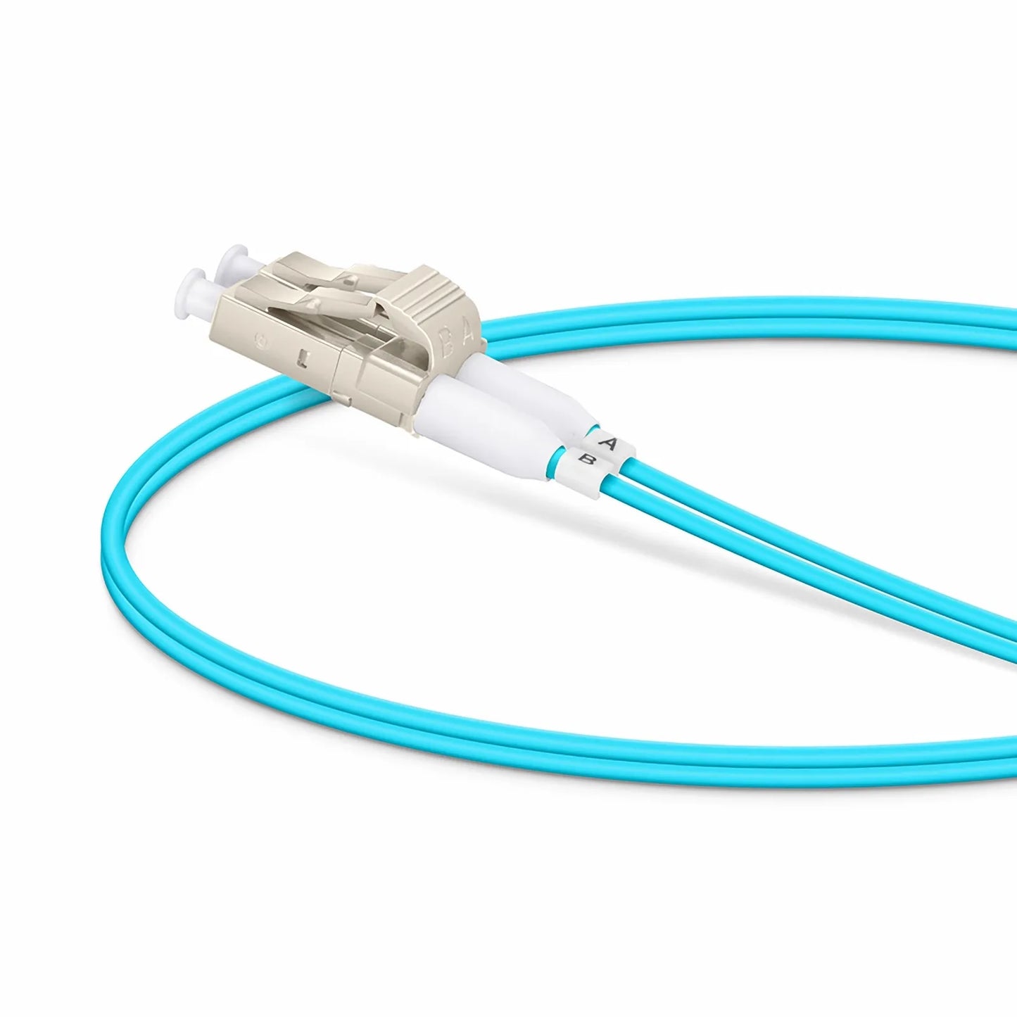 0.5m (1.6ft) Fiber Patch Cable, 2 Fibers, Short Boot, LC UPC Duplex to LC UPC Duplex, Multimode (OM4), Riser (OFNR), 2.0mm, Tight-Buffered, Aqua